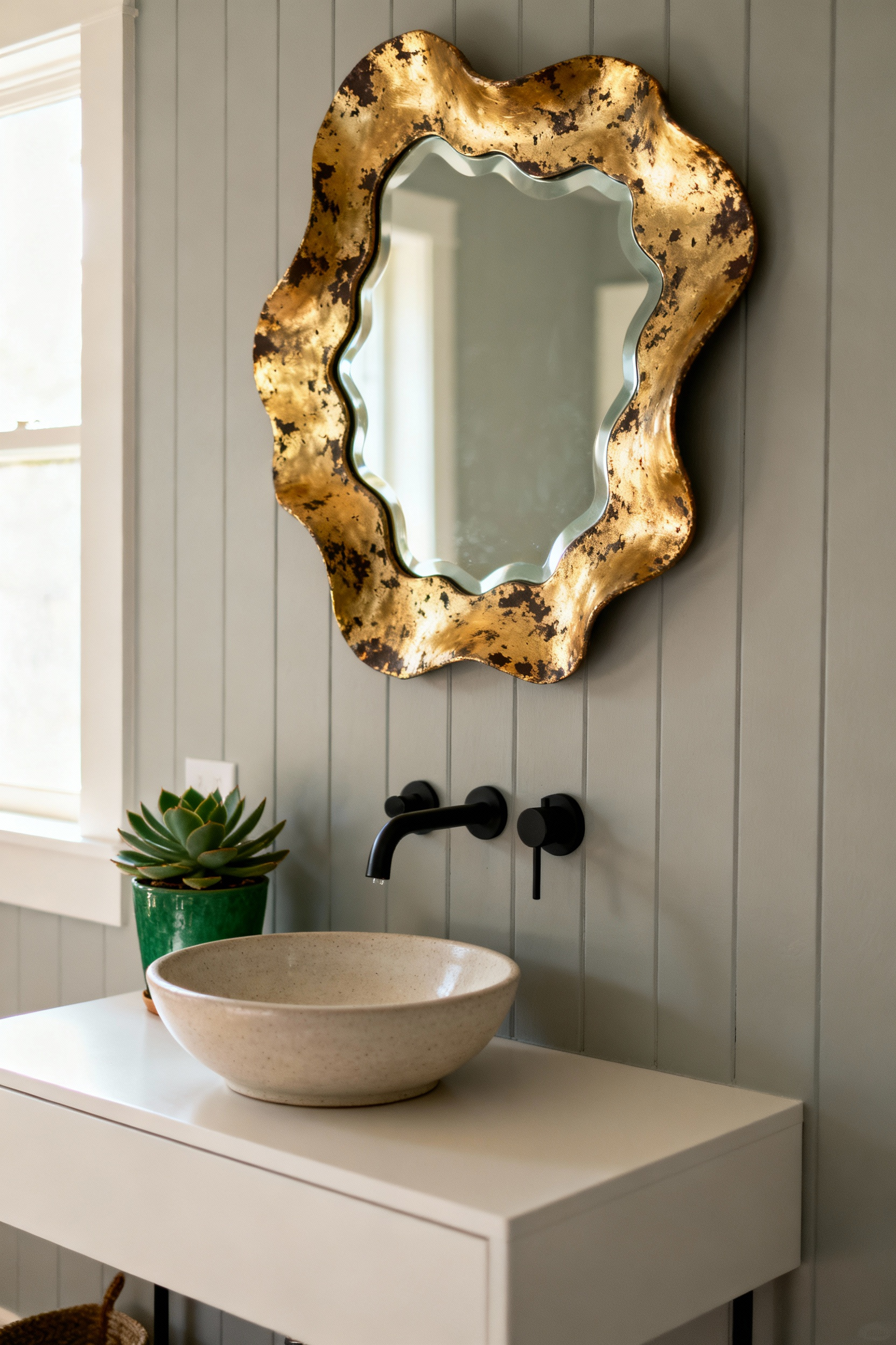 A small transitional bathroom vanity area featuring a simple white sink and a dramatic, ornate distressed gold-framed vintage mirror hung above the counter, demonstrating a high-impact, low-cost custom upgrade.