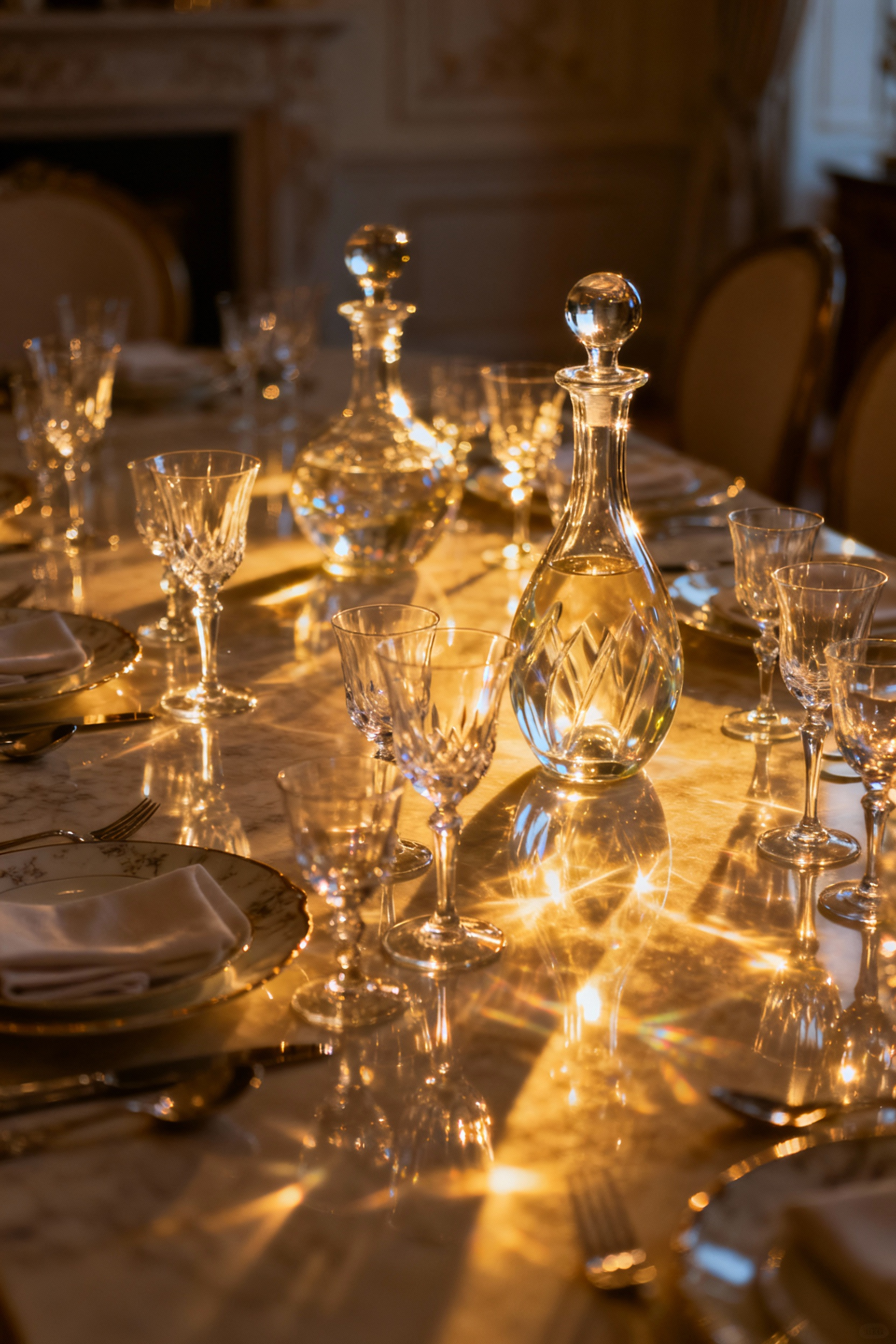 Elegant hand-blown crystal glassware sparkling on a luxurious dining table, catching soft light.