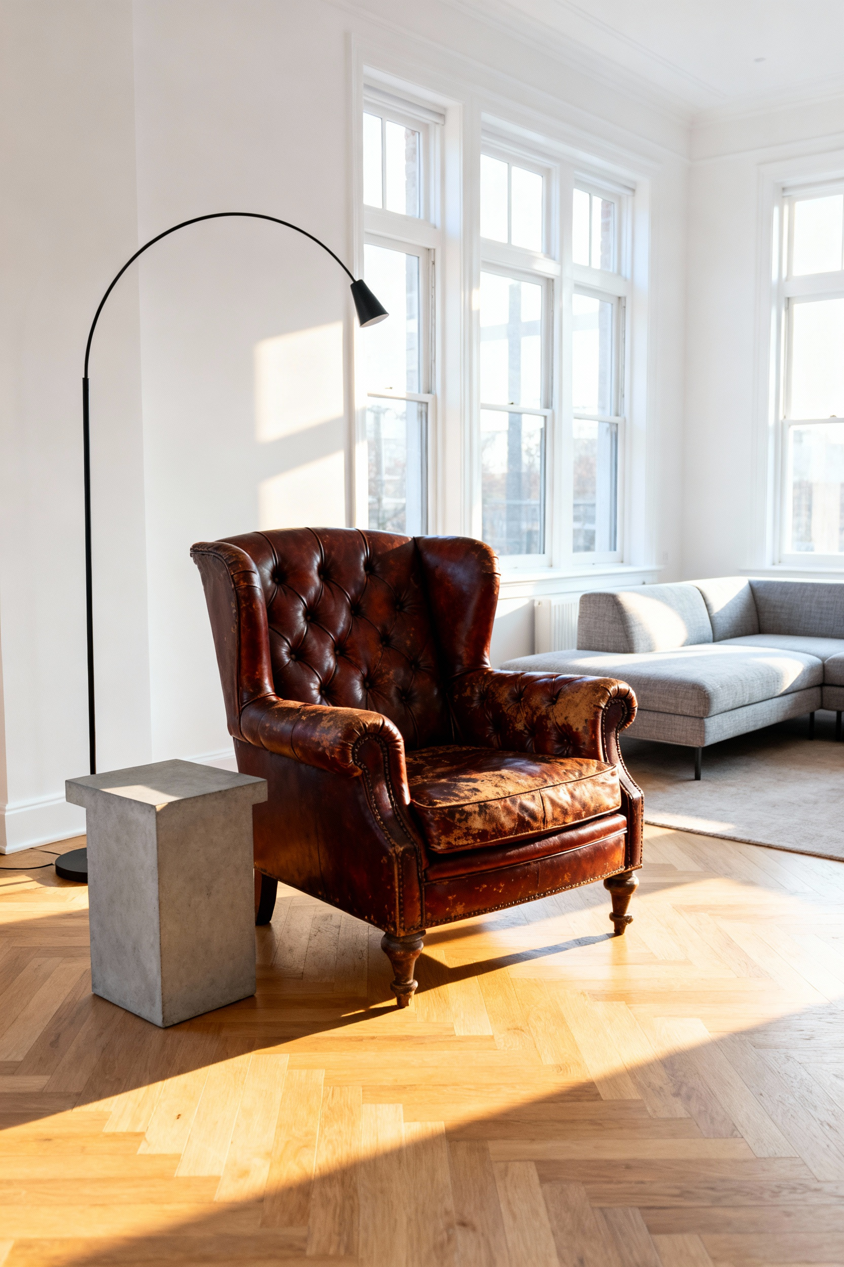 A sunlit, modern living room interior featuring a rich mahogany antique leather armchair placed prominently as the focal point, beautifully contrasted with sleek, minimalist white walls and contemporary gray furniture.