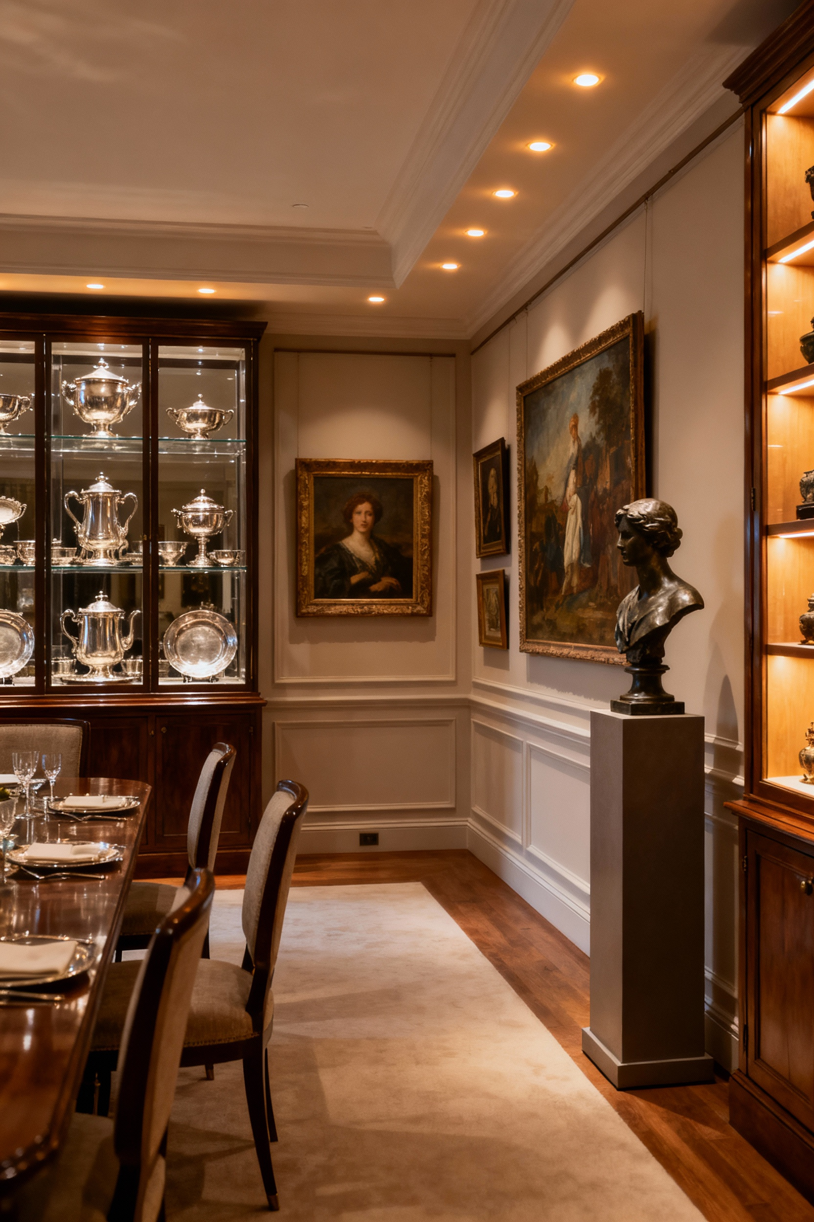 A sophisticated luxury dining room featuring bespoke vitrines displaying antique silver heirloom objects, a gallery wall showcasing significant art acquisitions, and custom pedestals with elegant sculptures, all illuminated by layered lighting, creating an ambiance of personalized storytelling and historical elegance.