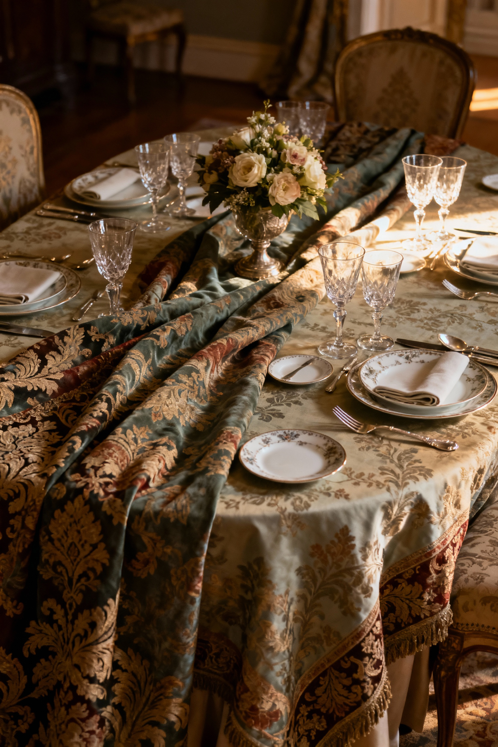 A professionally photographed, luxurious dining table set with intricately patterned damask and brocade table linens in a rich, warm color. The table features fine china, crystal glasses, silver cutlery, and an elegant floral centerpiece, creating an opulent and refined setting that highlights heritage fibers for special occasions.