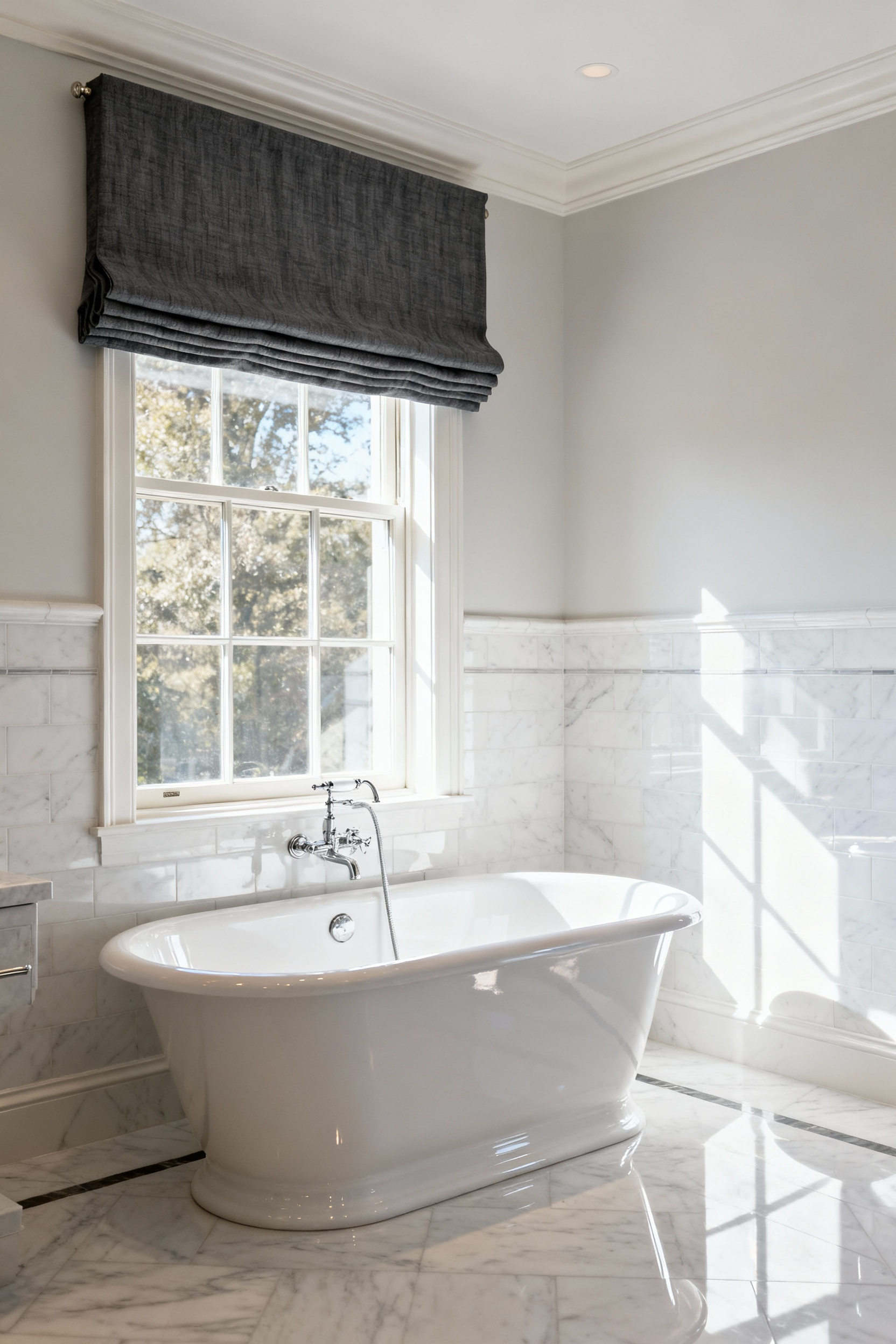 A luxurious bathroom featuring white marble tile, a freestanding tub, and a high-mounted tailored charcoal linen valance above the window, adding softness and acoustic warmth.