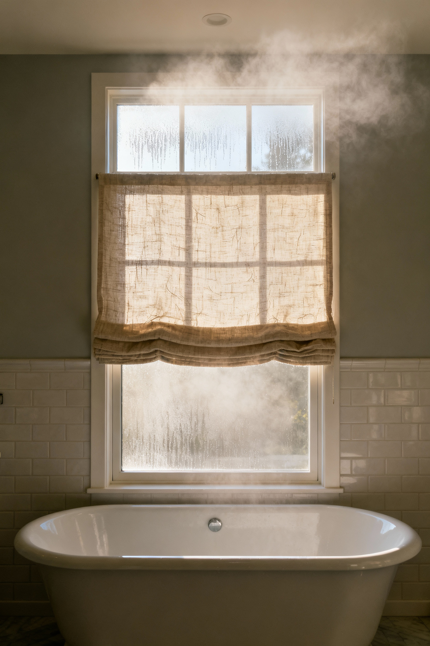 A spa-like bathroom featuring a freestanding tub and a large window covered by a textured linen Roman shade, illustrating the impact of high humidity on natural fiber window treatments.