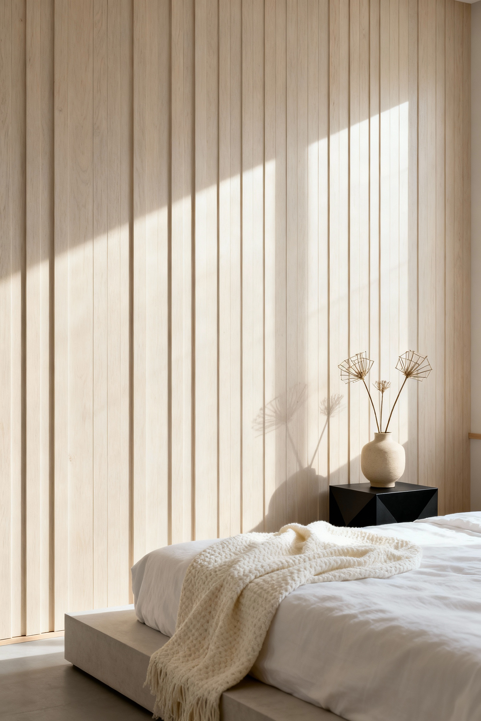 A serene minimalist bedroom featuring a pale vertical wood slat trompe-l'œil wallpaper, designed to mimic architectural paneling, paired with a low platform bed and simple Japandi styling under soft diffused light.