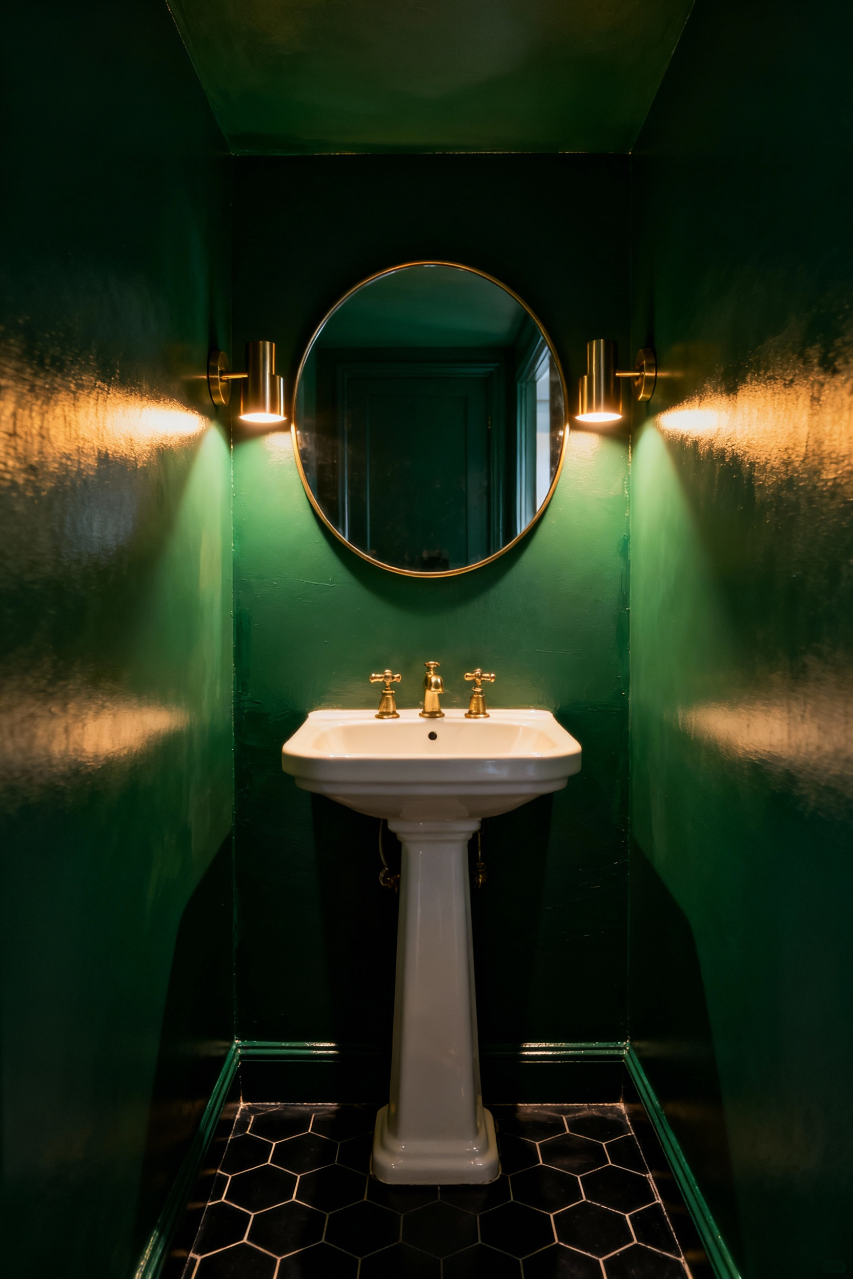 A luxurious small bathroom interior painted in a deep emerald green jewel tone, featuring brass fixtures and warm sconce lighting, demonstrating how moody colors enhance compact spaces.
