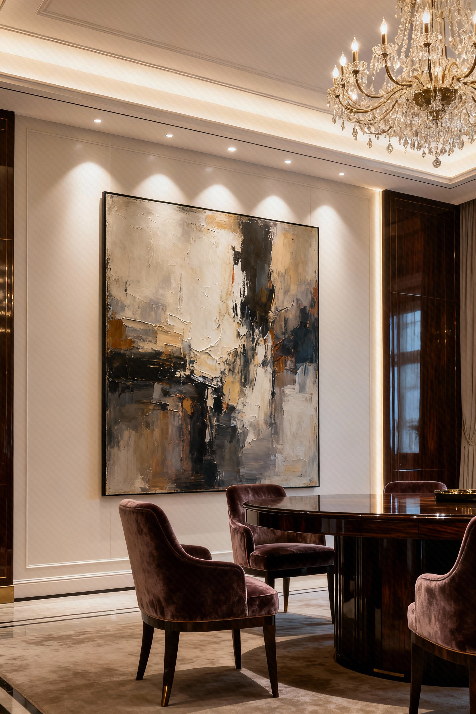 Luxury dining room featuring a grand, abstract large-format commission as the focal point, with sophisticated lighting and elegant furniture.