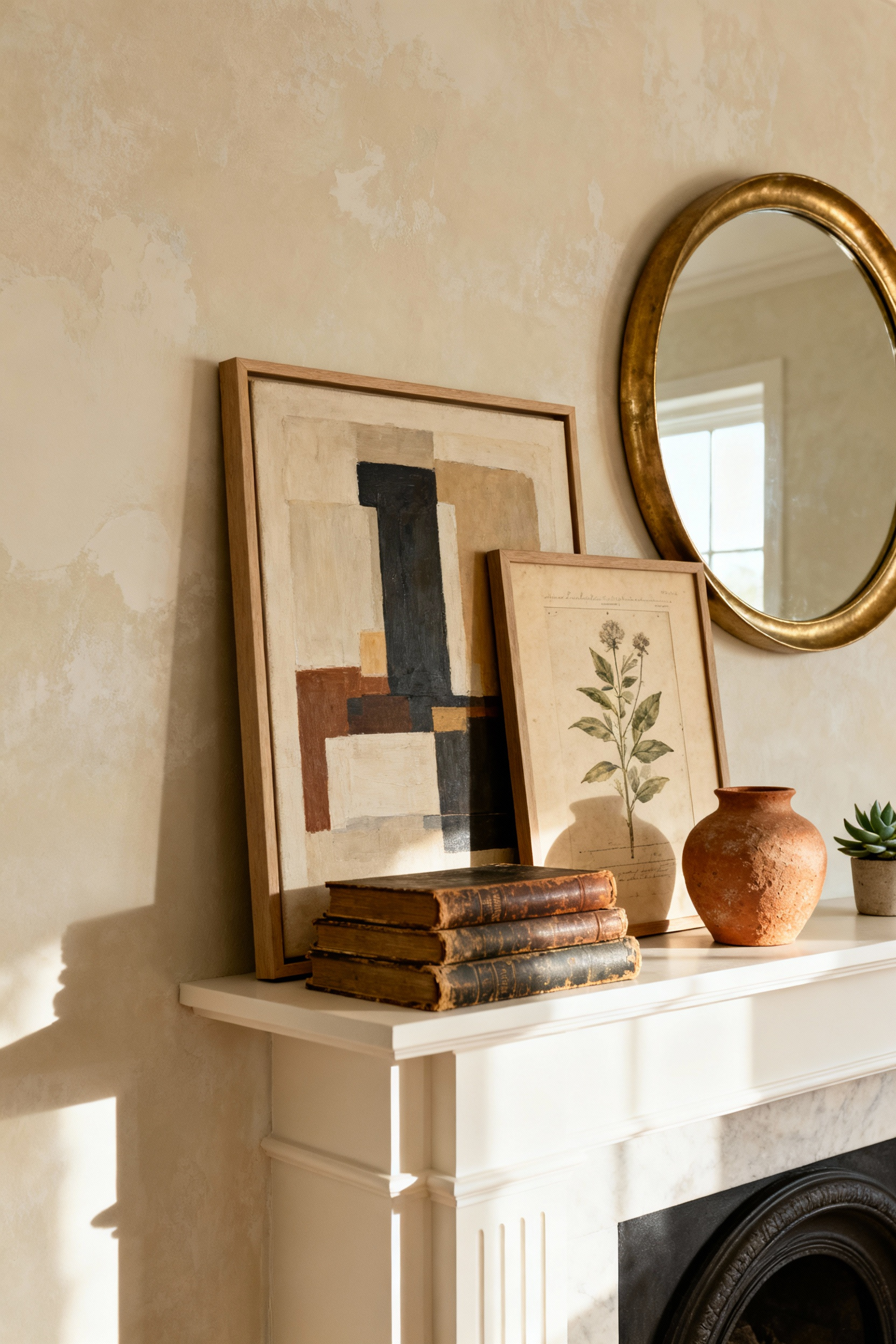 A stylish living room mantelpiece showcasing the leaning look, where varied framed artwork and a brass mirror are layered against the wall instead of being hung.