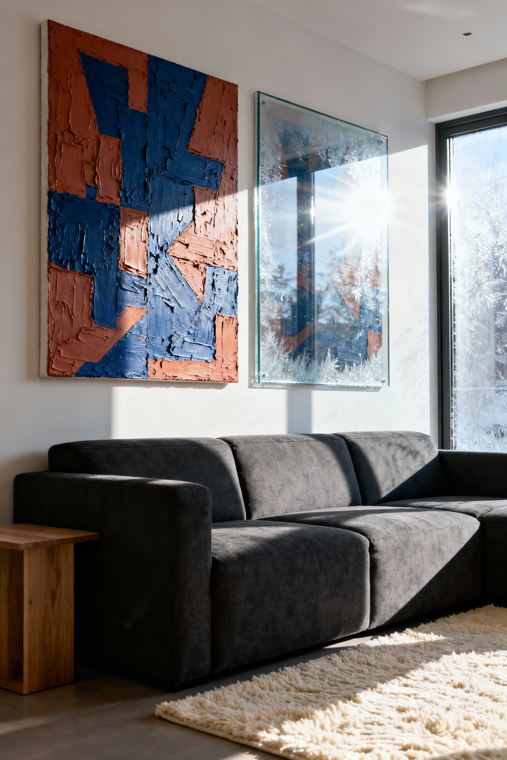 A photograph of a modern living room wall featuring two pieces of art; one layered canvas has a rich, non-reflective matte finish, while the adjacent glass-covered artwork shows strong, distracting glare from the window light.