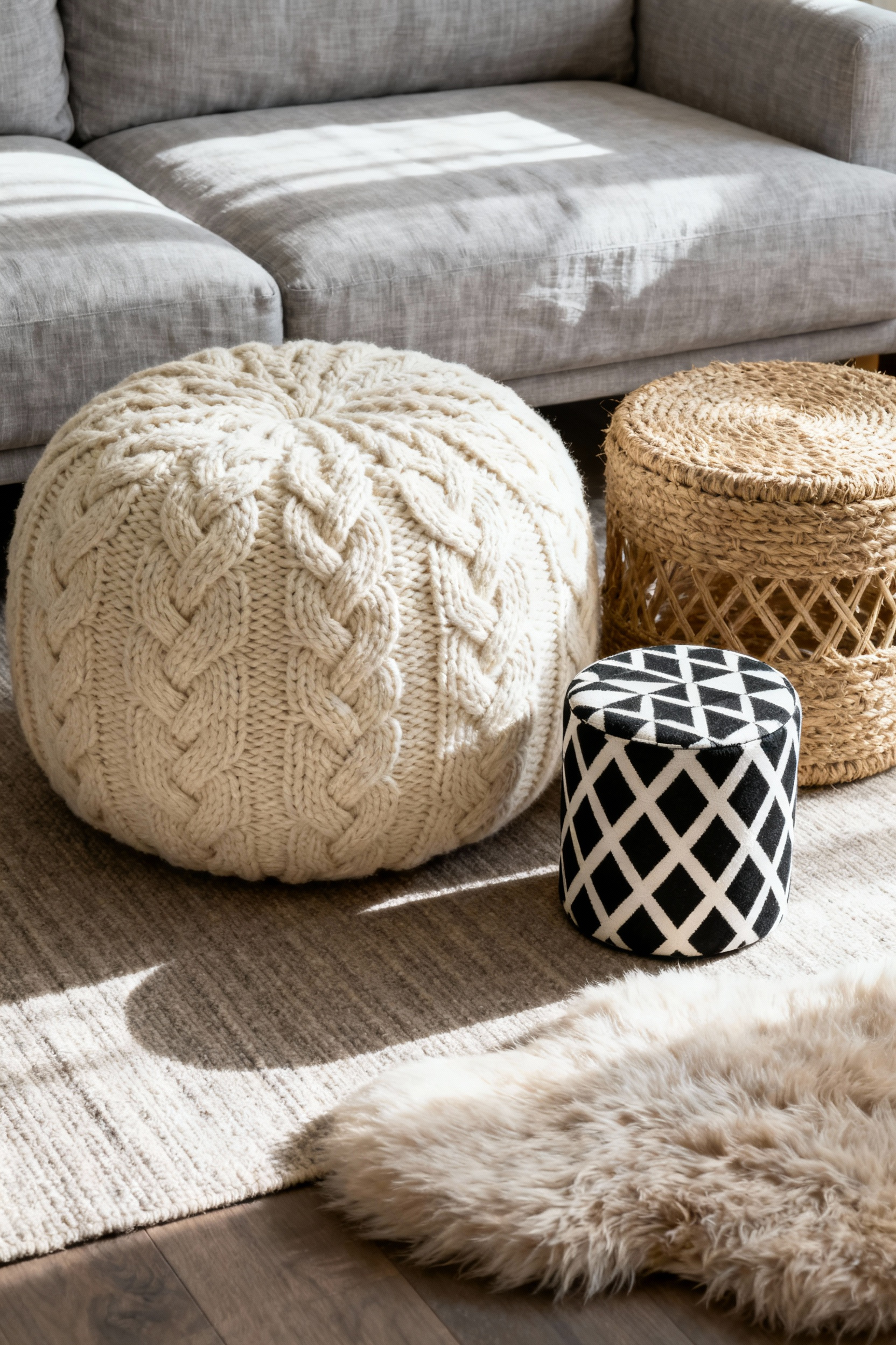 A grouping of three diverse poufs—a cream chunky knit, a natural woven jute, and a bold black and white geometric pattern—placed against a light gray sofa in a contemporary living room, demonstrating versatile seating and layered texture.