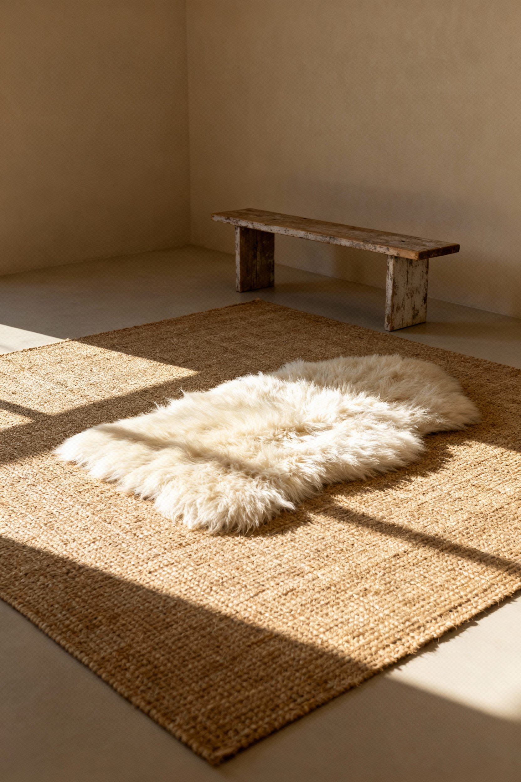 Two foundational rugs layered in a minimalist bohemian bedroom corner: a large, coarse natural jute rug topped with a smaller, plush ivory sheepskin rug, set against neutral beige walls.