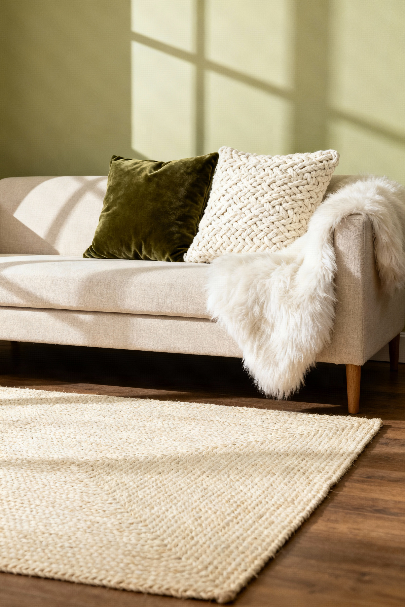 A modern living room corner featuring heavy layering of neutral textiles over a linen sofa, anchored by a large woven jute area rug, showcasing the contrast between smooth velvet, rough linen, and plush faux fur.