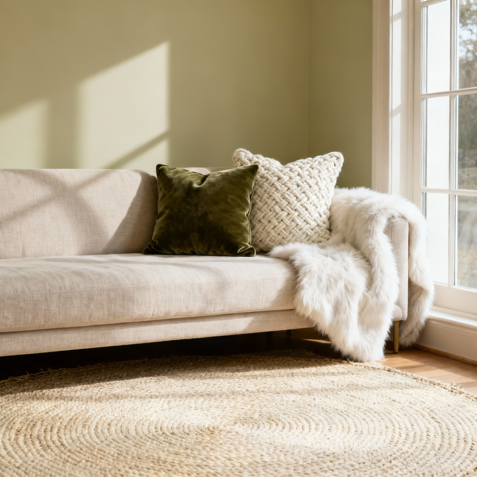 A modern living room corner featuring heavy layering of neutral textiles over a linen sofa, anchored by a large woven jute area rug, showcasing the contrast between smooth velvet, rough linen, and plush faux fur.