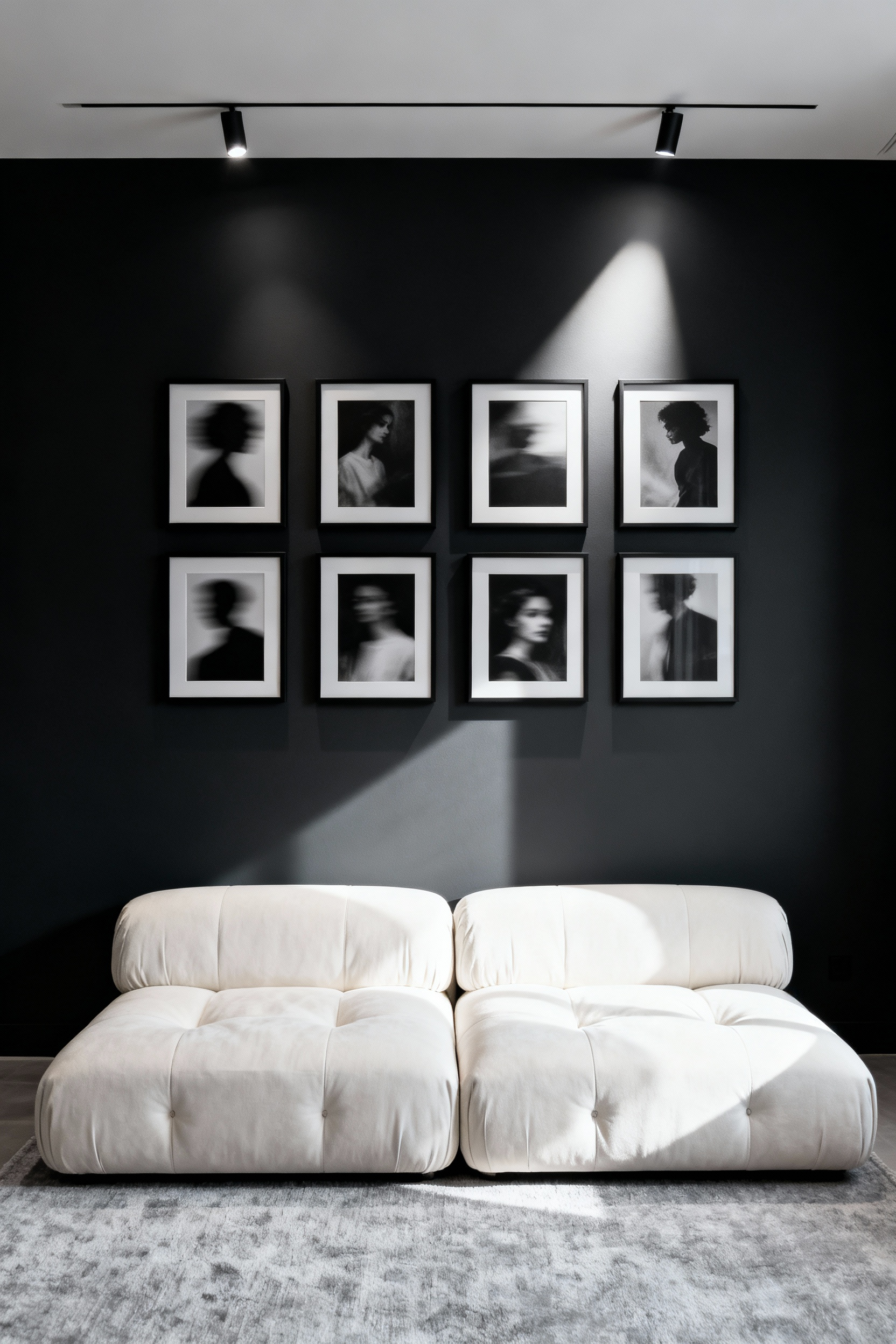 A modern living room featuring a gallery wall of framed black and white candid portraits over a cream-colored modular sofa, perfectly illuminated by precise gallery spotlights.