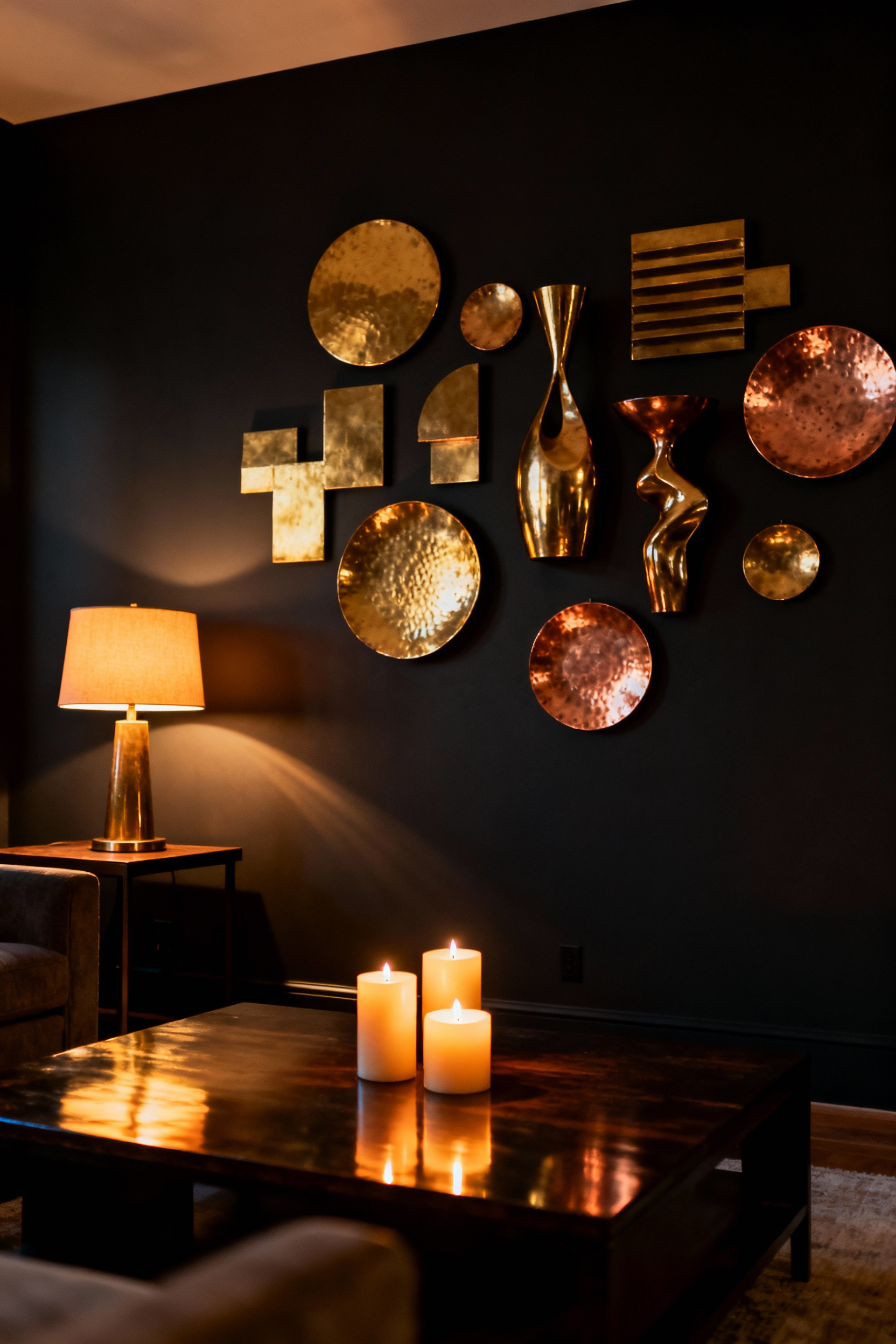A dim living room wall decorated with glowing brass and copper accents reflecting warm candle and lamplight, creating a diffused golden glow against a dark charcoal wall.