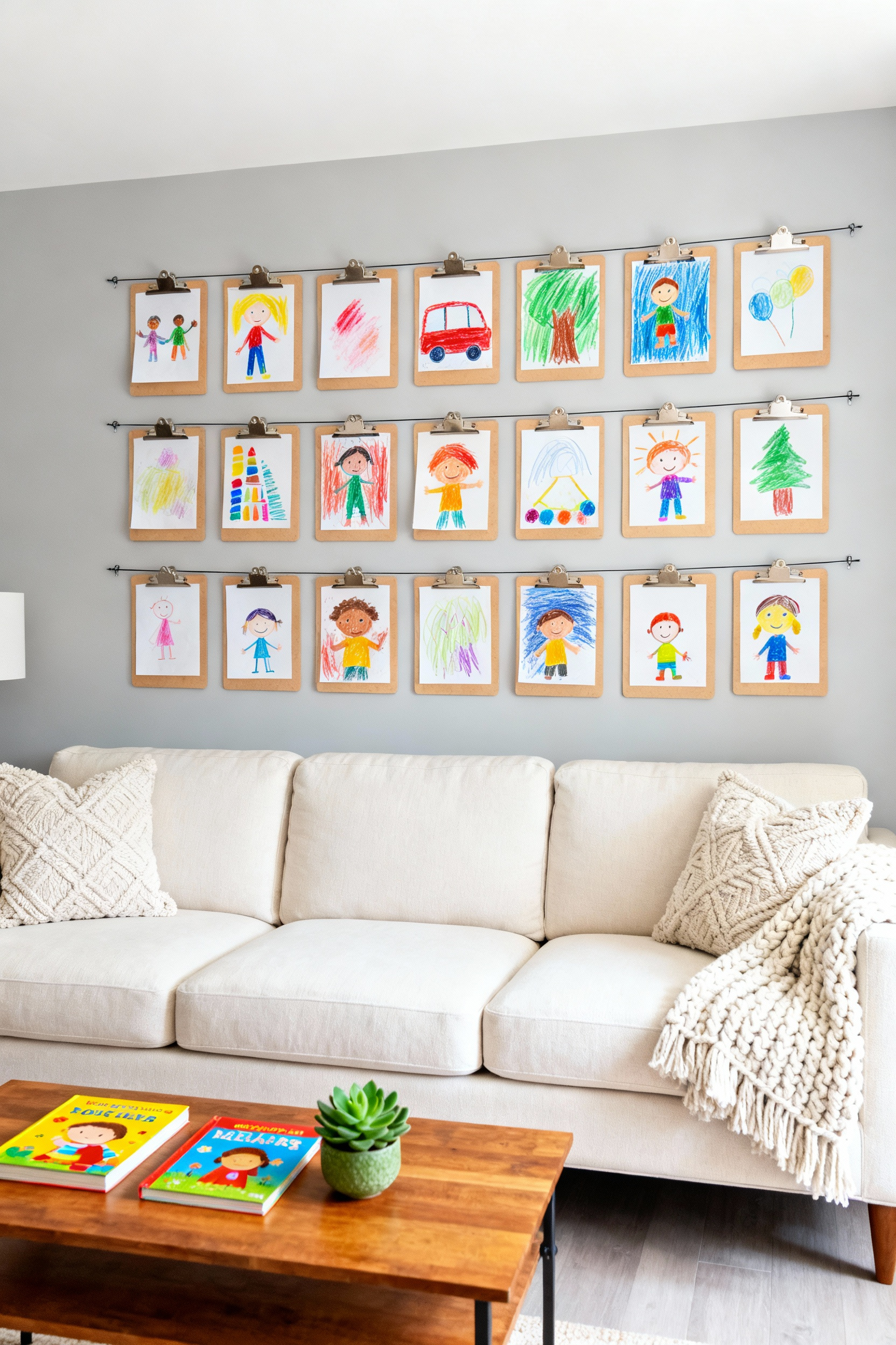 A bright, modern living room wall displaying a rotating gallery of children's colorful artwork mounted uniformly on wooden clipboards above a neutral sectional sofa.