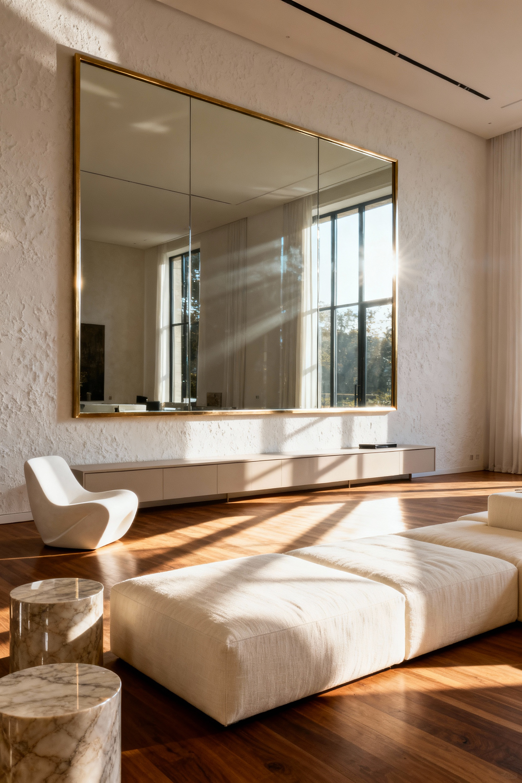 A bright and luxurious living room featuring a massive, rectangular brass-framed mirror reflecting natural morning light, designed to maximize light and expand the perceived volume of the interior space.