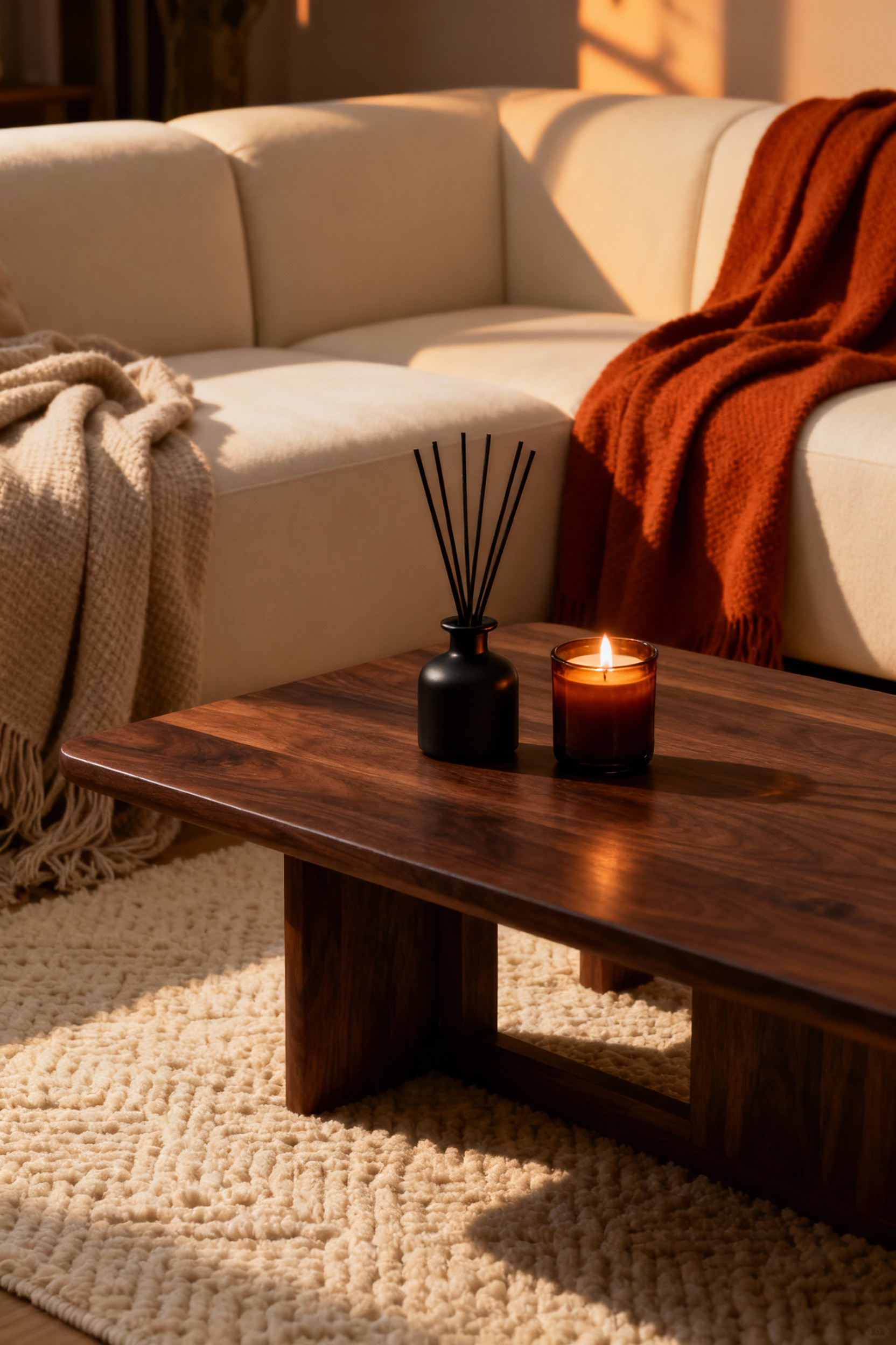 A cozy living room scene featuring a lit amber candle and a sophisticated reed diffuser on a wooden coffee table, emphasizing warm lighting and grounding colors like cream and caramel to create a tranquil sanctuary atmosphere.