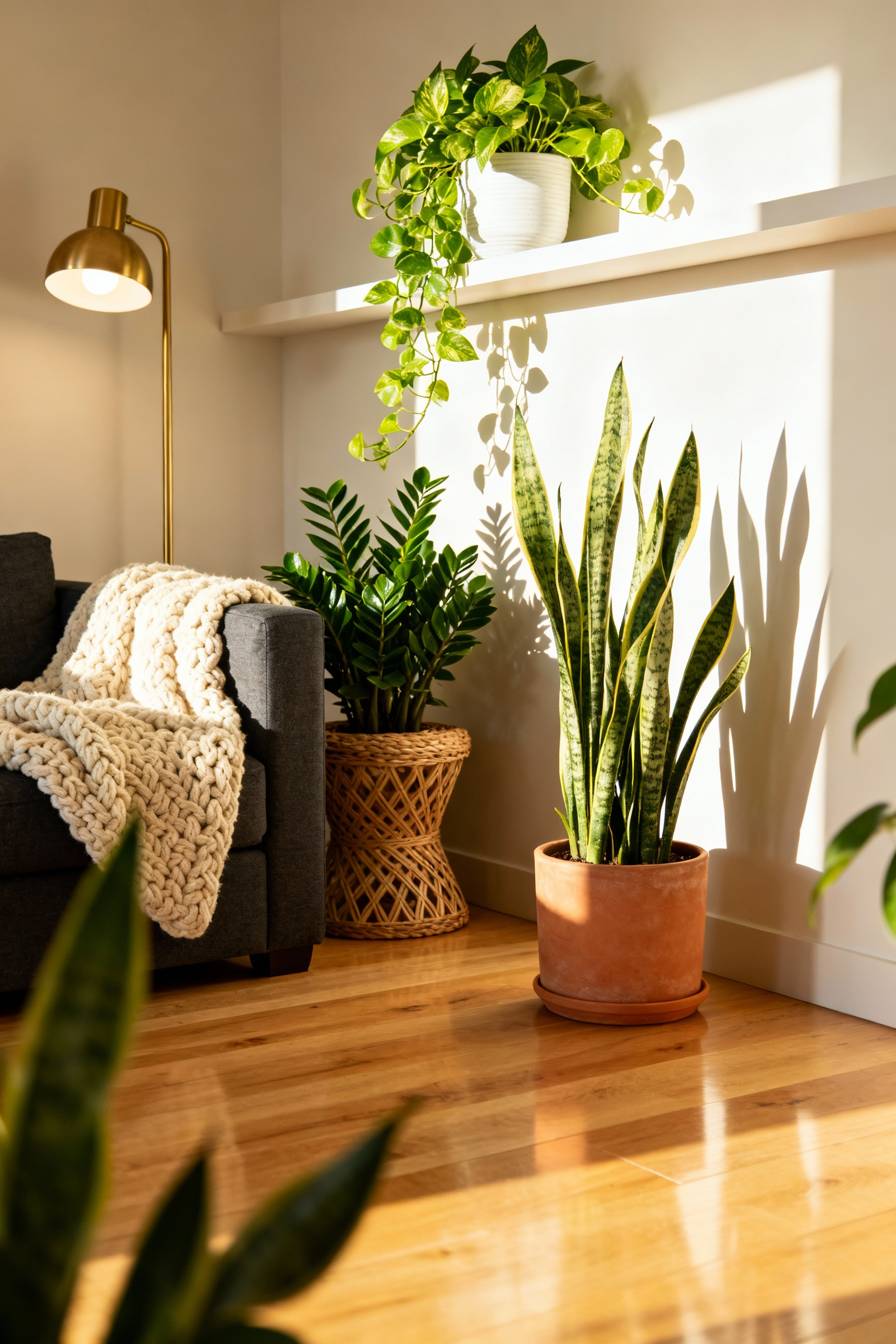 A modern living room corner illuminated by soft, indirect light, featuring low-maintenance indoor plants like a tall Snake Plant and a trailing Pothos used as natural green accents.