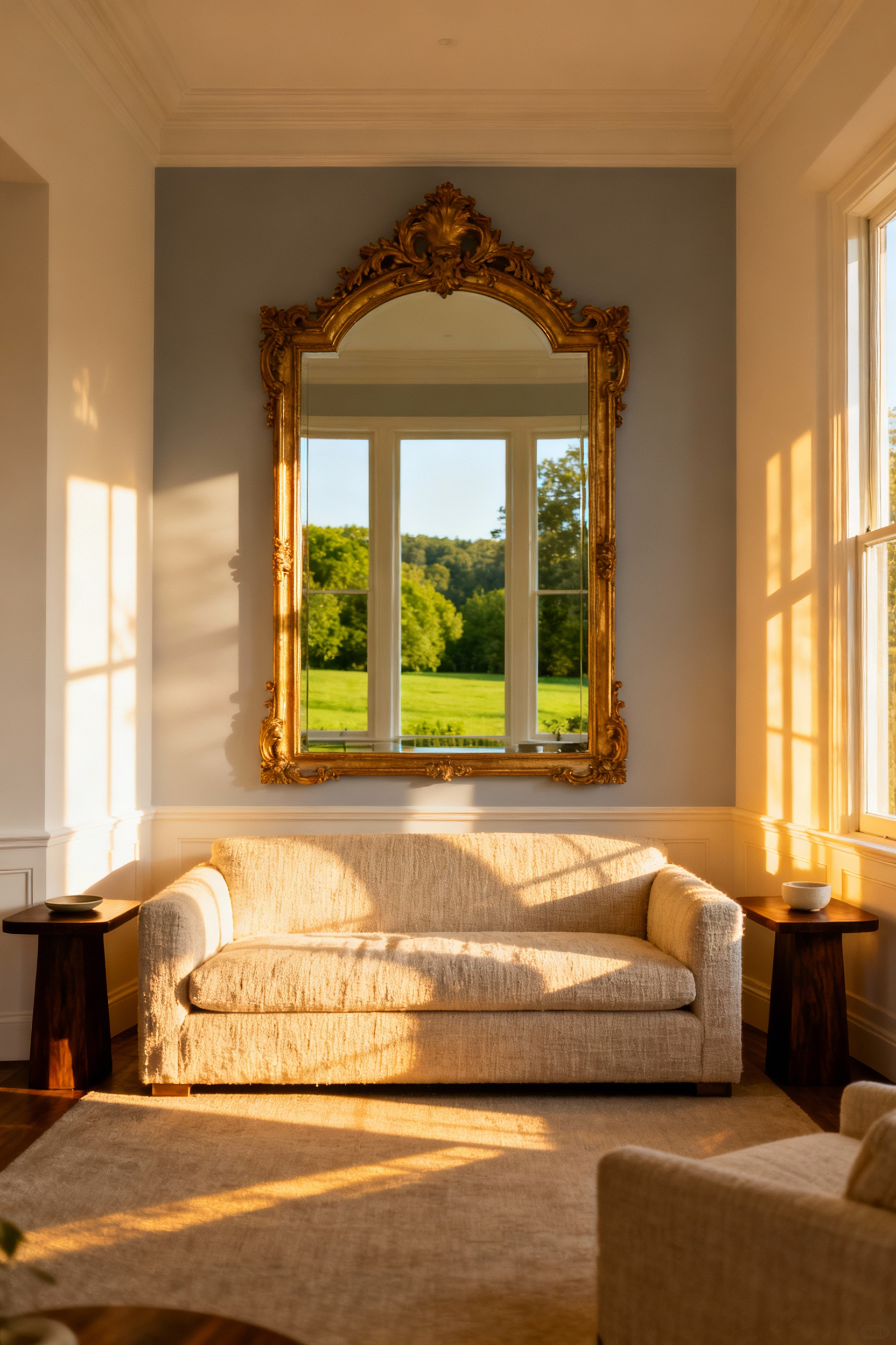 A sun-drenched luxurious living room featuring a massive, ornate gold statement mirror placed directly opposite a floor-to-ceiling window, which amplifies natural light and reflects the lush green outdoor view.