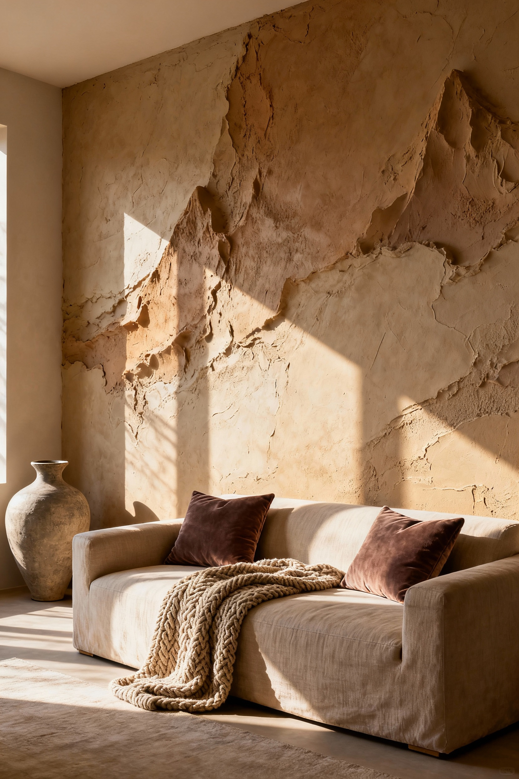 A photograph of a luxury living room featuring a deeply textured, matte clay plaster wall finish designed to create a warm and sensory retreat space.