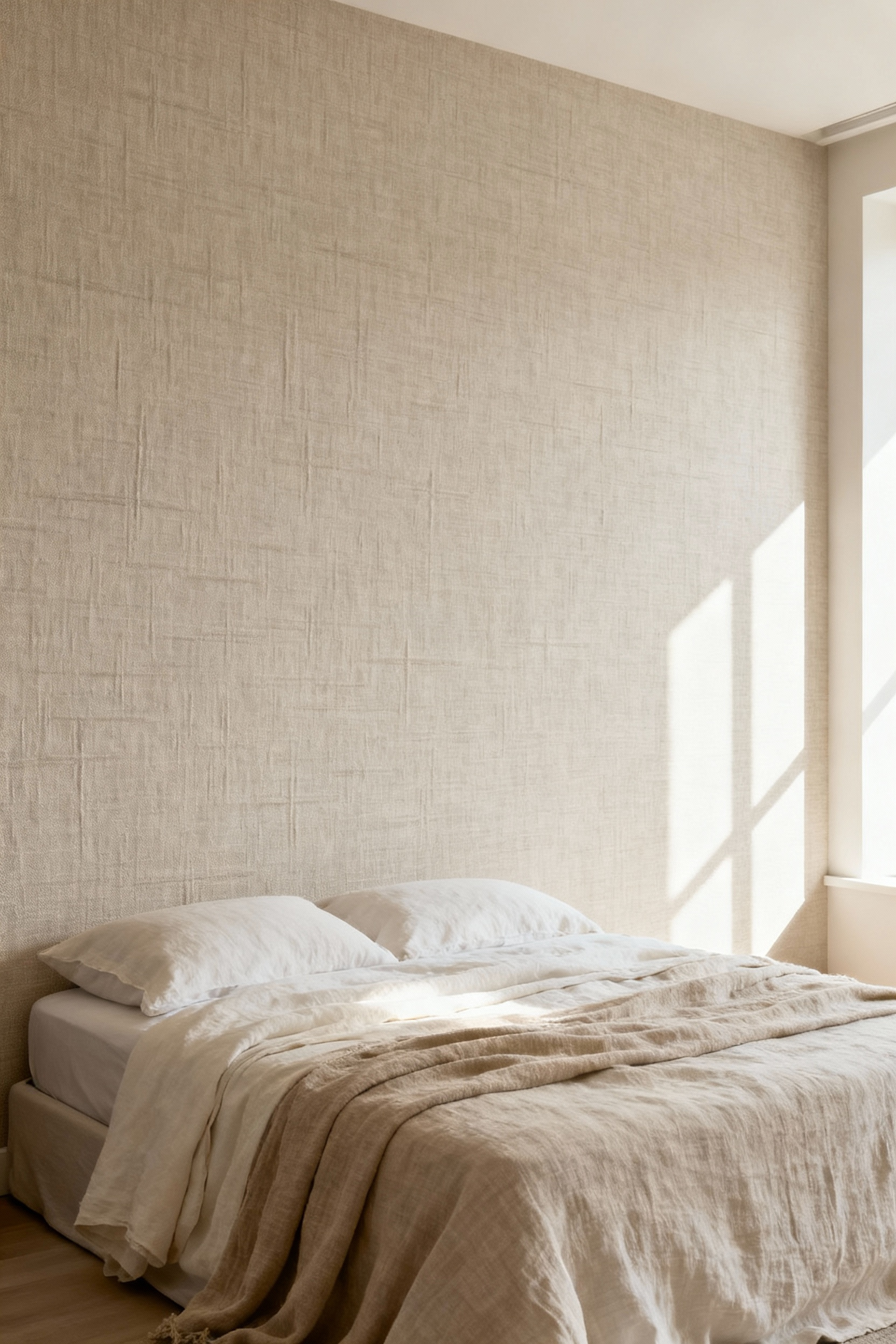 A high-resolution photo of a minimalist bedroom featuring a textured, light beige Belgian linen-effect wallcovering, creating a soft, cozy, and luxurious aesthetic.