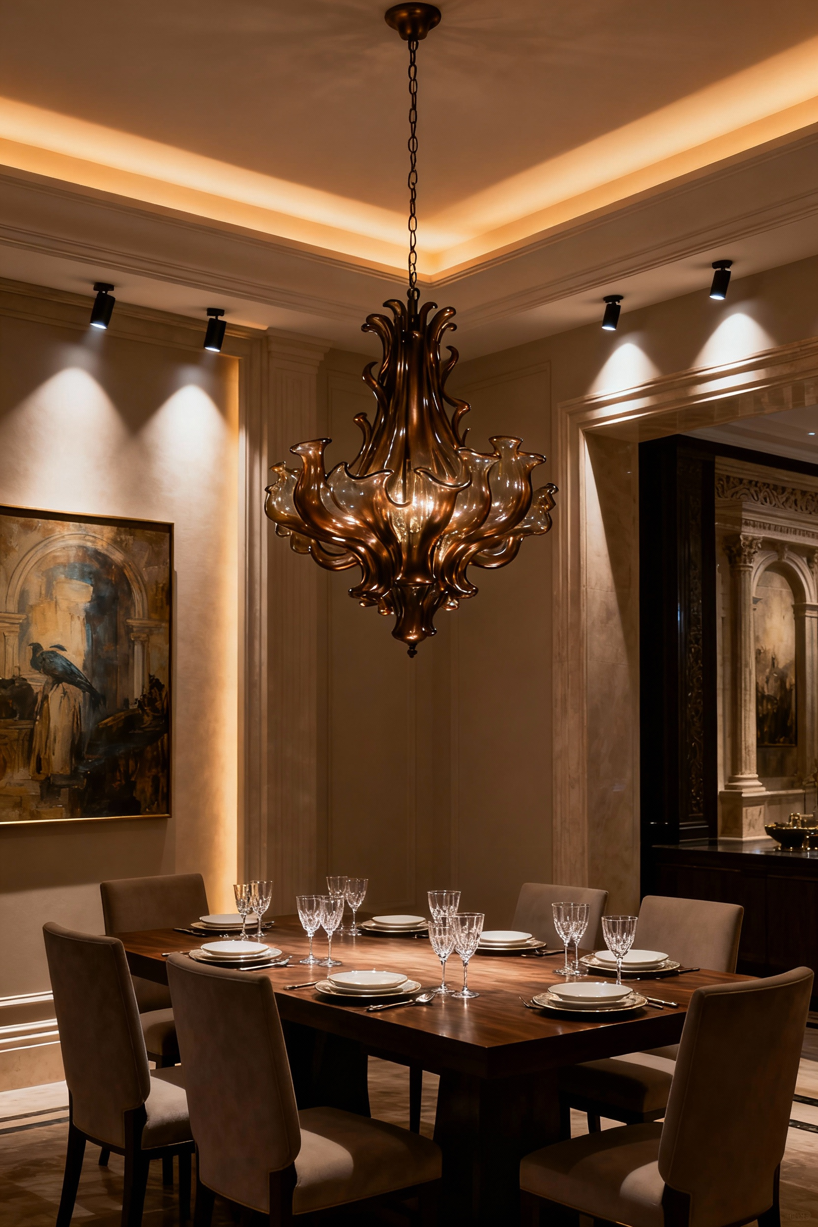 Luxurious dining room featuring a multi-layered lighting design, including a statement chandelier, cove lighting, and accent lights, all contributing to an elegant and warm ambiance with fine dining decor.