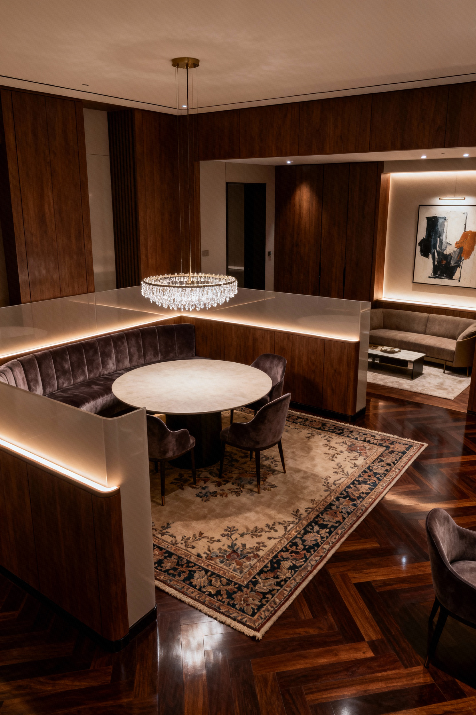 Luxurious dining room interior showcasing intentional zoning with velvet banquettes, a crystal chandelier, and distinct areas defined by elegant architectural partitions and varied flooring for intimate conversations. Opulent design, no people.