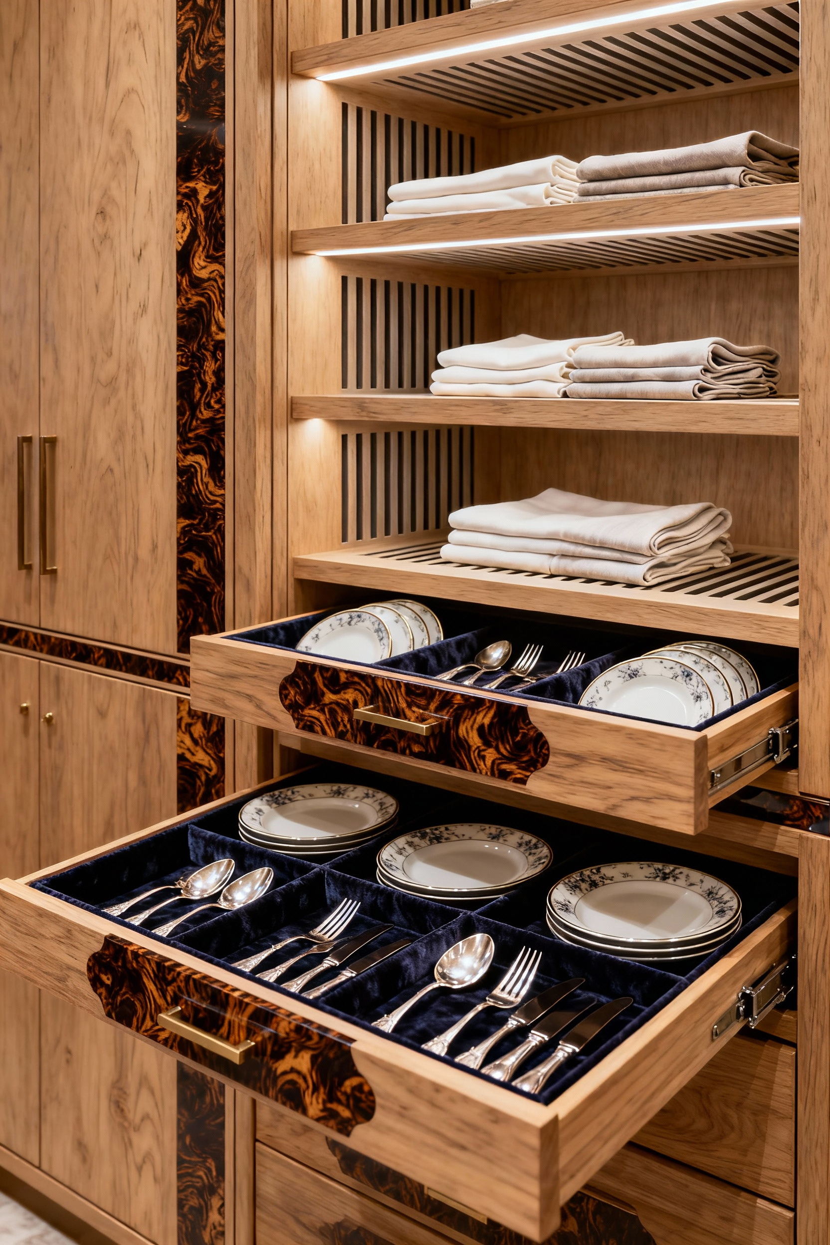 Bespoke luxury dining room storage featuring custom cerused oak cabinetry with velvet-lined drawers for silverware, compartmentalized porcelain, and organized fine linens, demonstrating seamless presentation for elegant service.