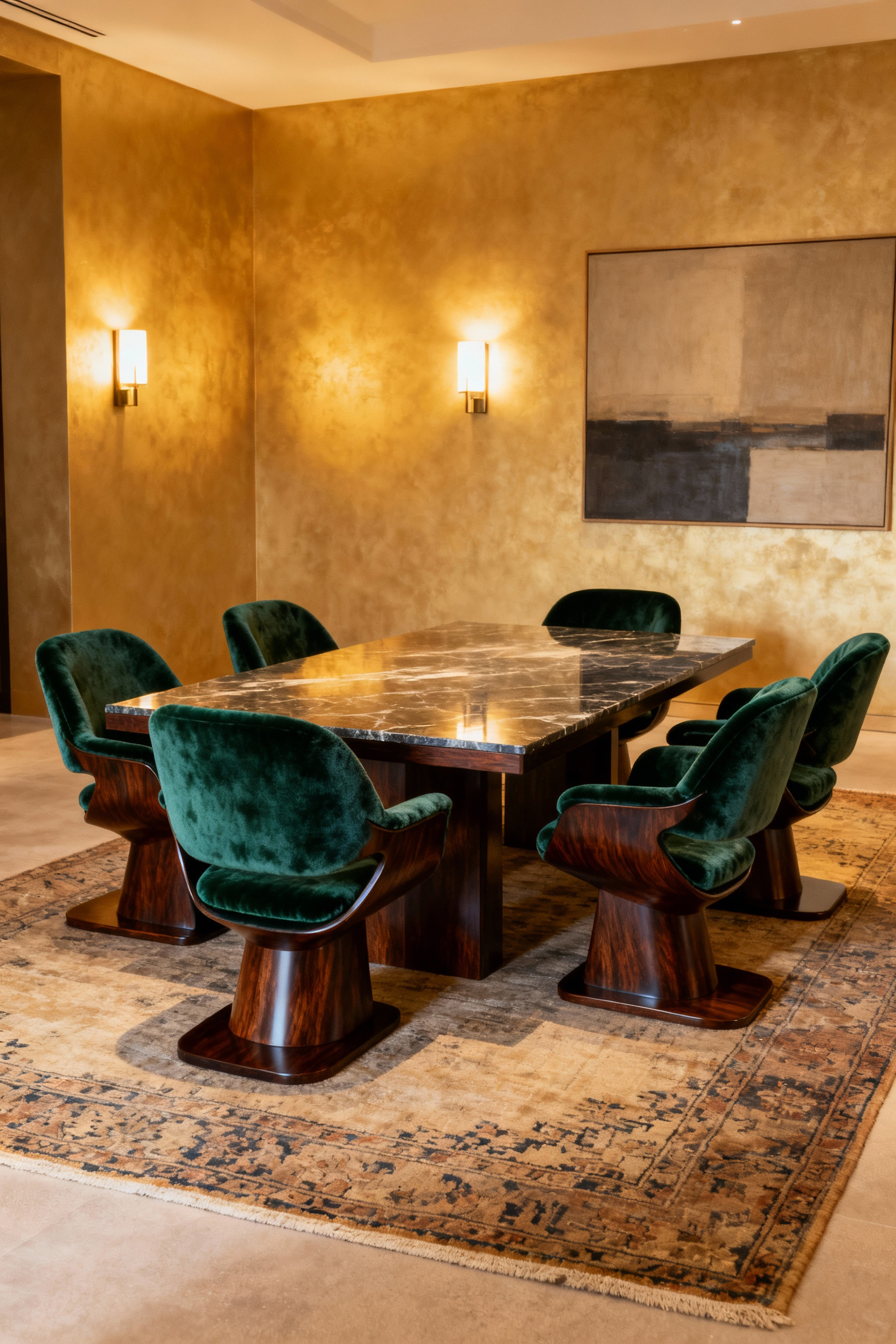 A luxurious dining room with a grand table surrounded by bespoke, ergonomic dining chairs upholstered in emerald green mohair velvet, designed for superior comfort during long gatherings. High-end, comfortable seating for luxury dining.