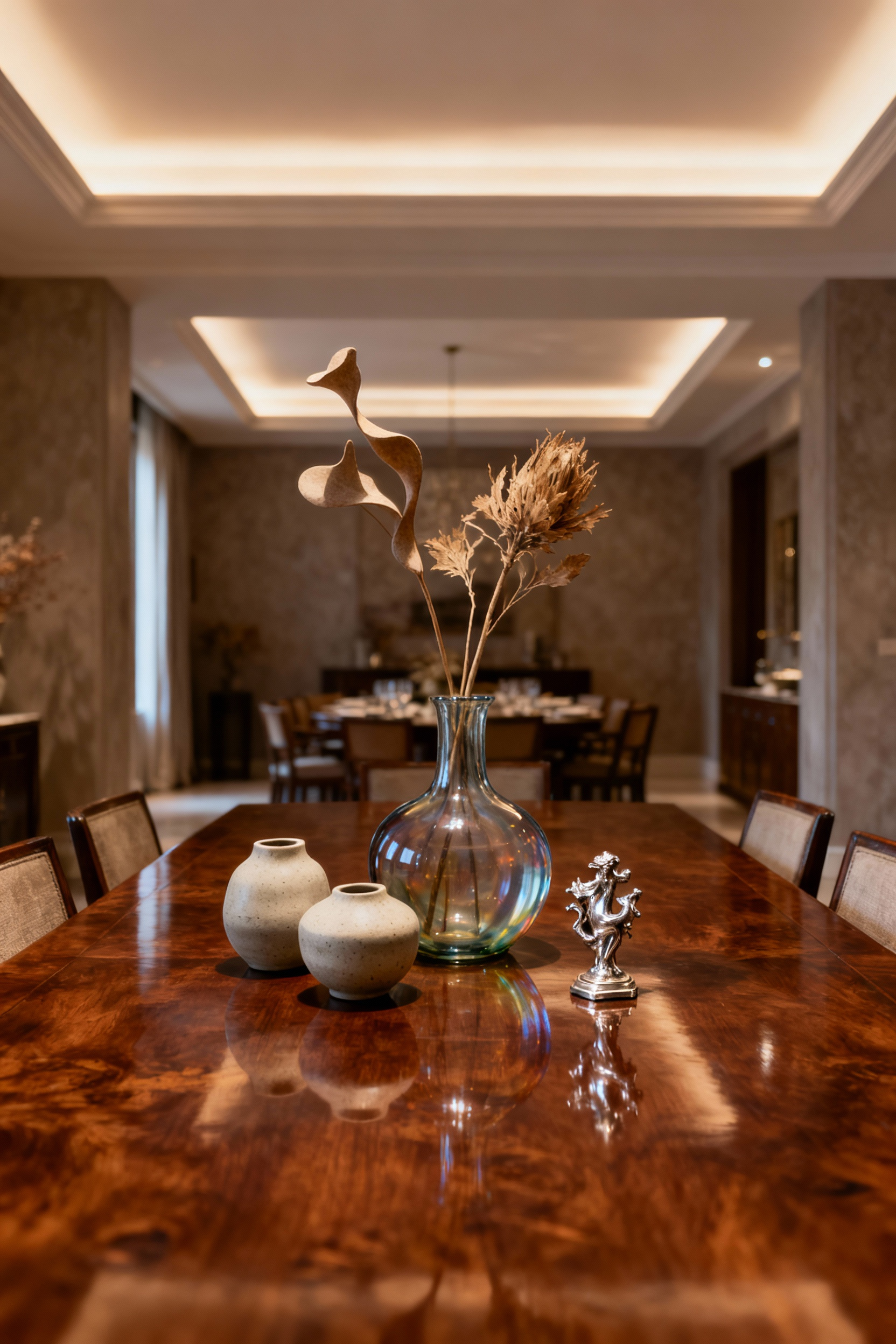 Luxury dining room decor with exquisite seasonal accents, featuring sculptural dried flora in a Murano glass vase, ceramic art, and vintage silver objects on a mahogany table.