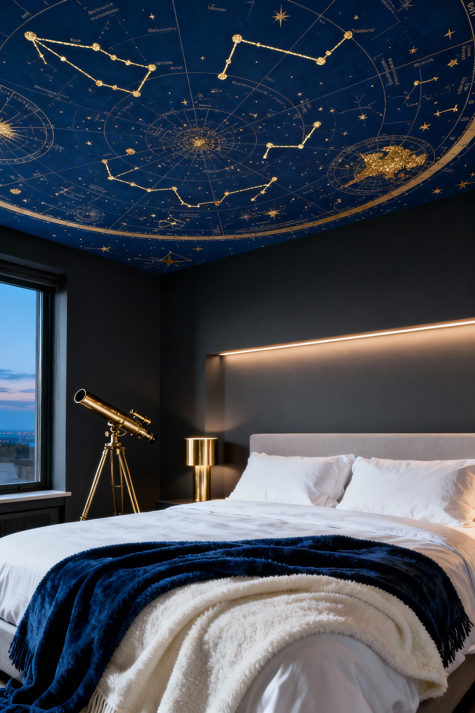 Detailed photograph of a luxury bedroom with a midnight blue celestial map wallpaper applied to the ceiling, contrasting sharply with white linens and warm brass accents, creating a serene, observatory aesthetic.