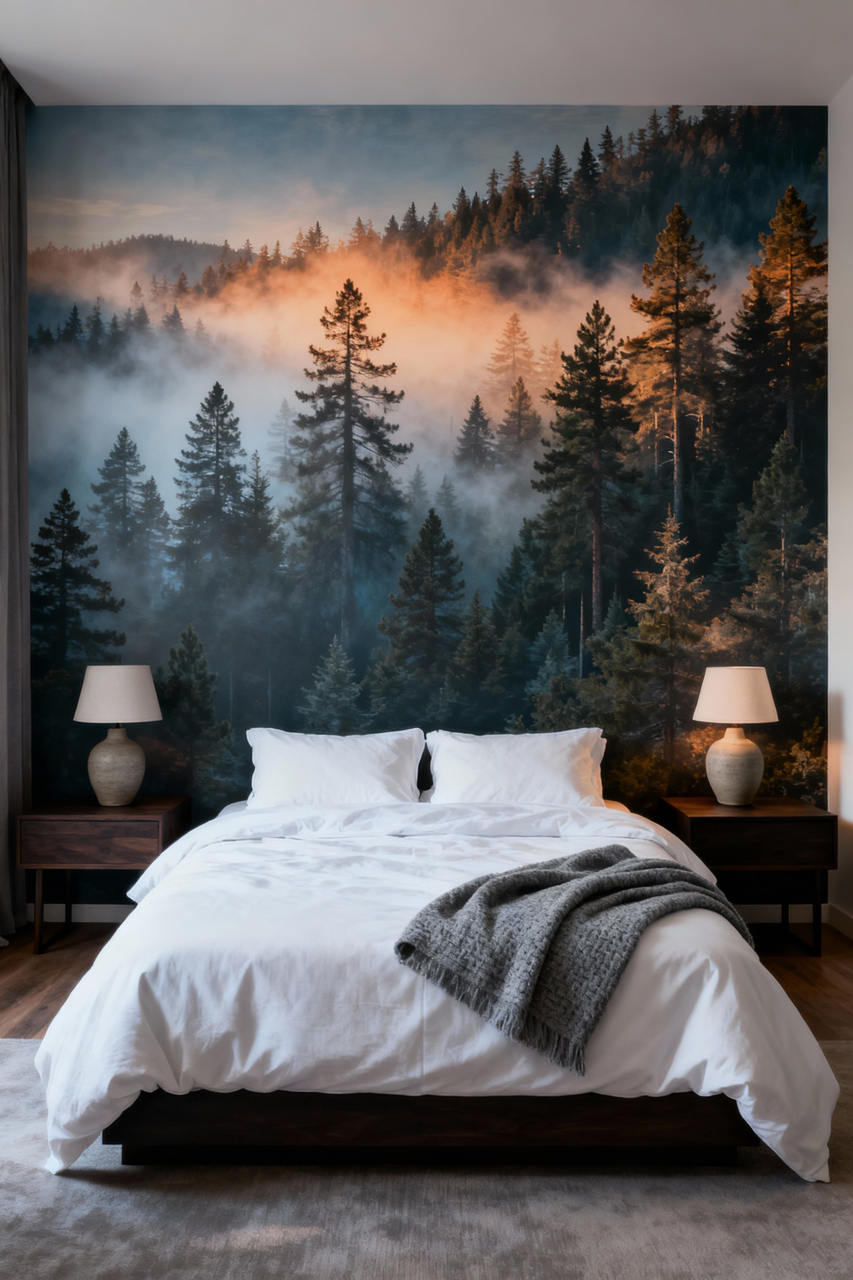 A modern bedroom featuring a king bed set against an immersive wall mural of a misty pine forest, successfully creating a visual illusion of expansive depth and a tranquil, biophilic aesthetic.