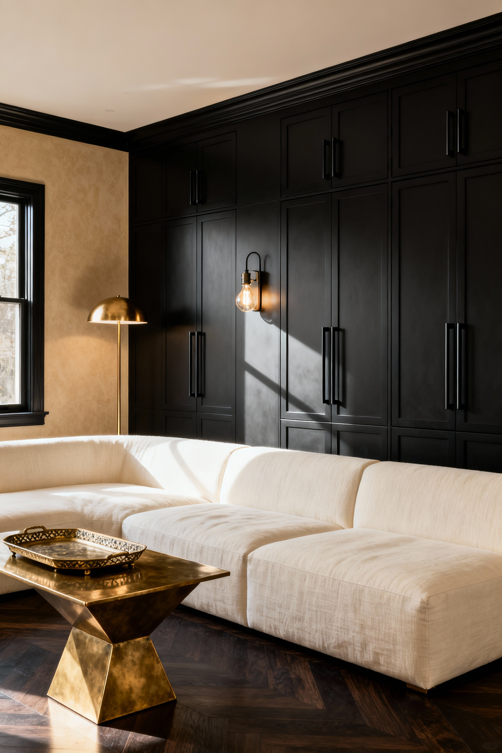 Luxurious living room interior featuring intentional mixing of metals, showcasing matte black hardware on built-in cabinets contrasting with antique brass accents and a geometric side table.