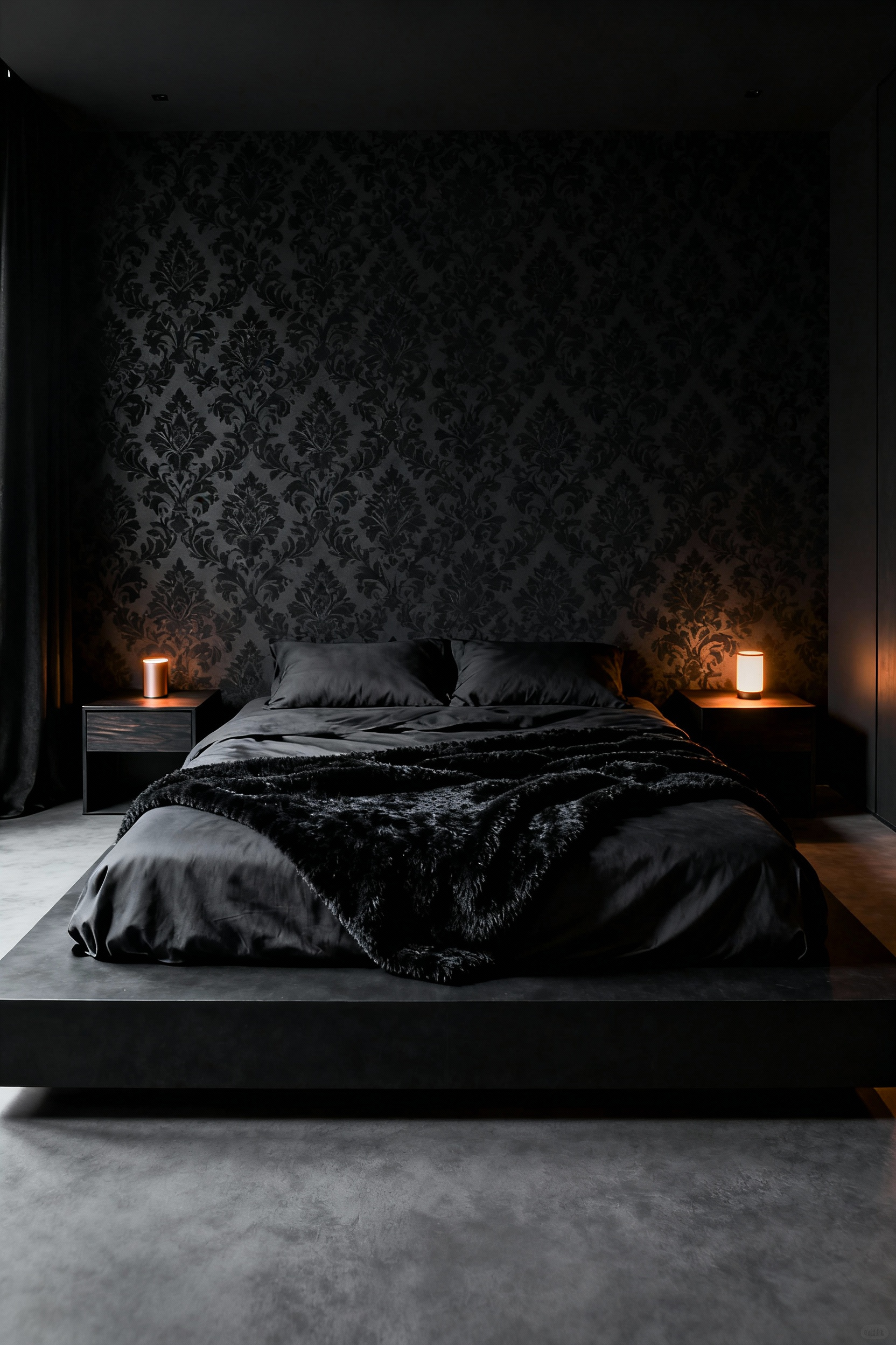 A luxurious bedroom featuring a matte charcoal base and glossy black tone-on-tone damask wallpaper, highlighted by dramatic directional lighting that emphasizes the intricate texture and shadow play.