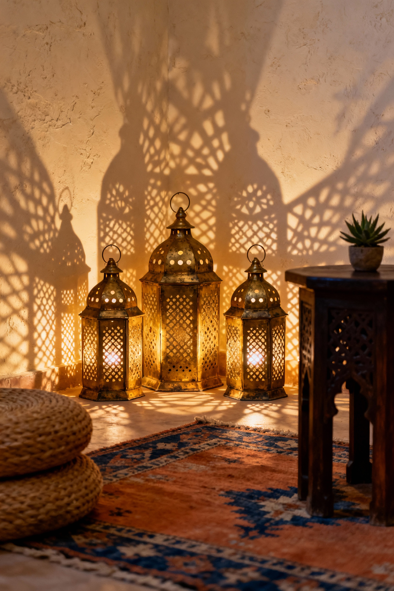 Pierced brass Moroccan lanterns hung low in a bohemian bedroom corner, casting sharp, intricate, lace-like shadow patterns across a cream-colored wall, creating the effect of temporary, glowing wallpaper.