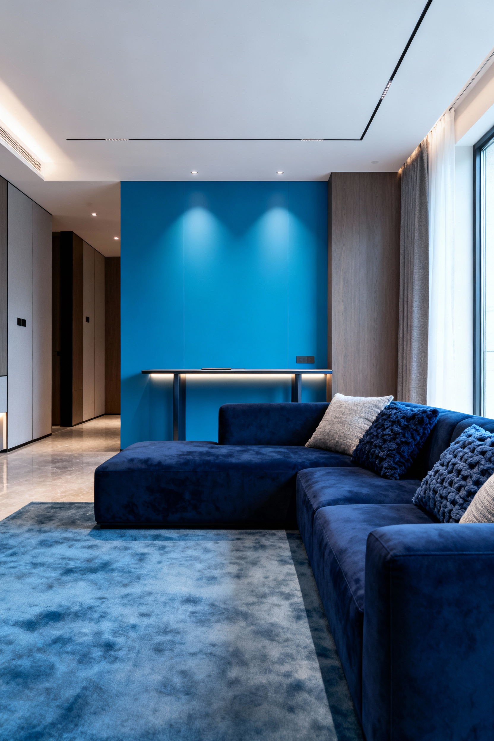 A professionally designed multifunctional blue living room interior, showcasing distinct zones. A deep navy blue sectional sofa with plush pillows anchors a relaxation area. Adjacent is a compact workstation defined by a cerulean blue accent wall and task lighting. Subtle shifts in blue hues and textures differentiate the spaces, creating a cohesive yet adaptable living environment, free of people or distracting elements.