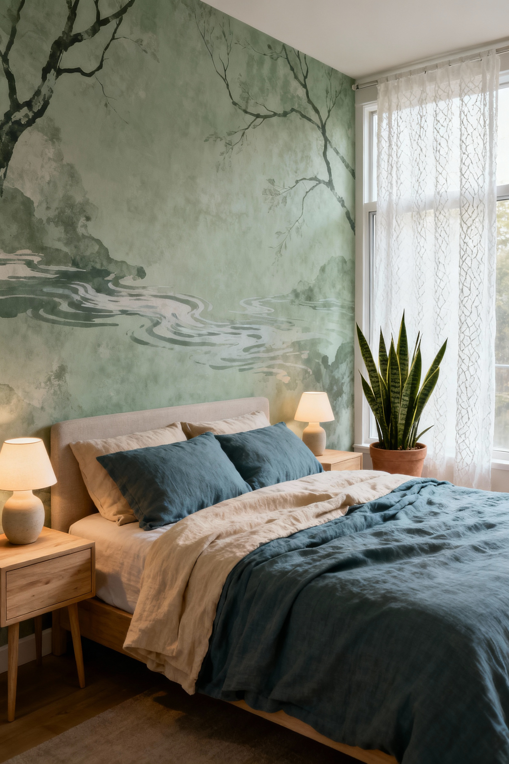 A tranquil, biophilic-designed bedroom featuring muted sage green low-contrast botanical wallpaper and luxurious dusty blue and cream linen bedding to promote relaxation.