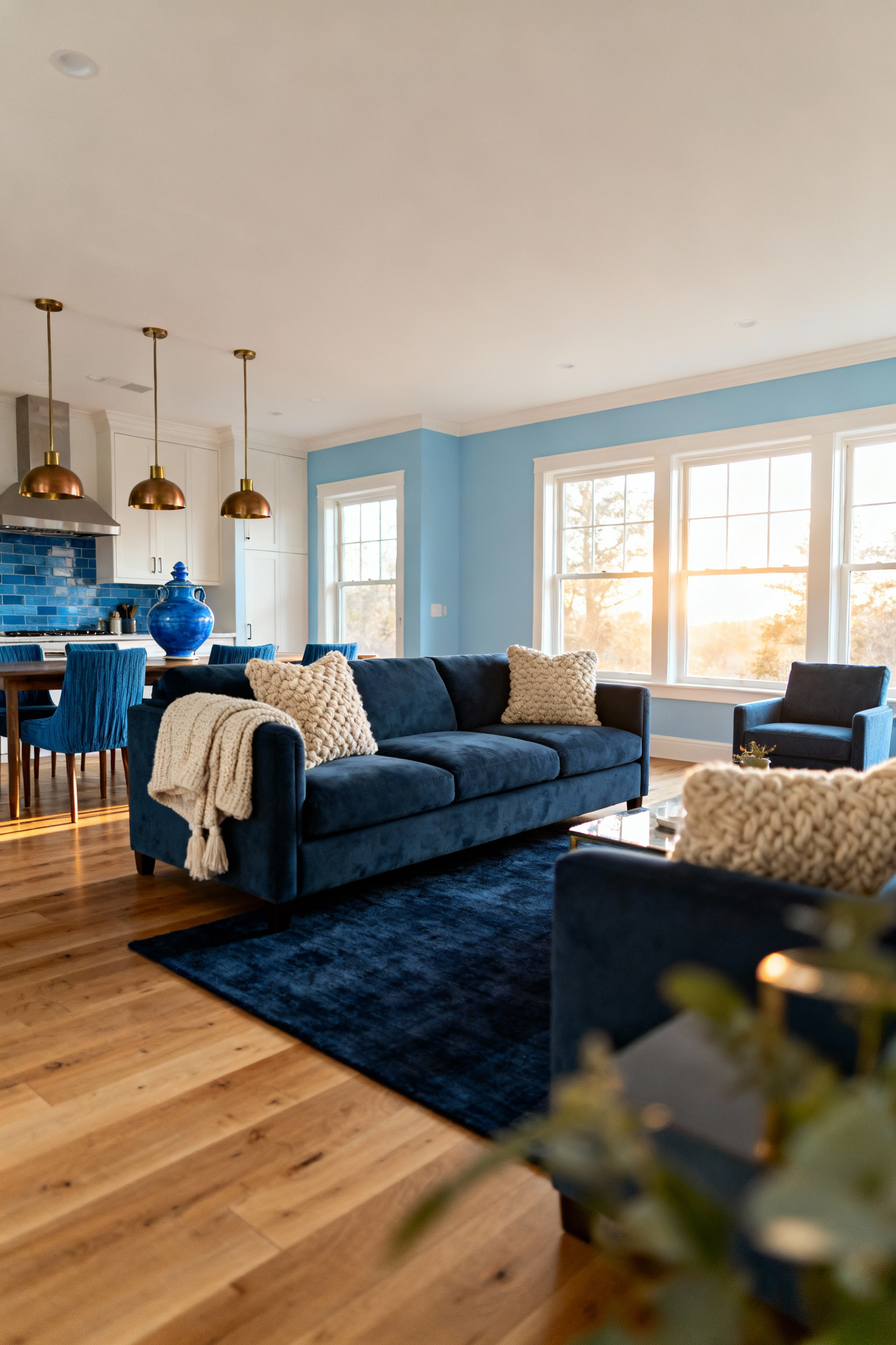 Professional photo of a seamlessly integrated open-concept living room, dining room, and kitchen. Features various shades of blue from a navy sofa and rug, to cerulean accent walls and blue linen dining chairs, blended with warm wood tones, creamy walls, and brass accents to create a cohesive and harmonious blue flow across the spaces. No people.