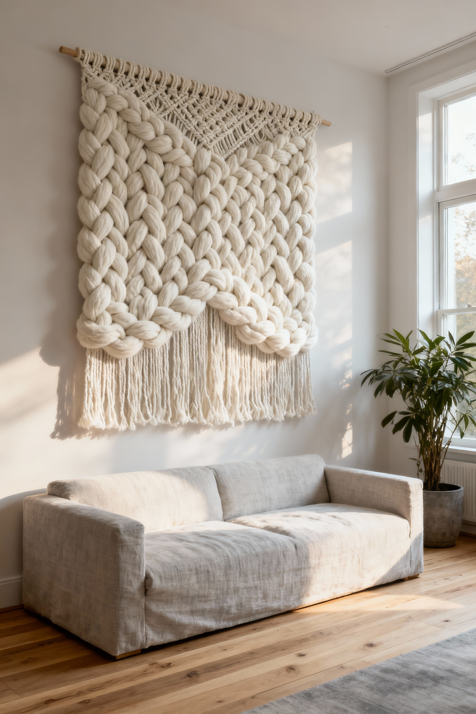 An oversized, creamy white macramé tapestry serving as a decorative acoustic panel on a modern living room wall above a neutral linen sofa.