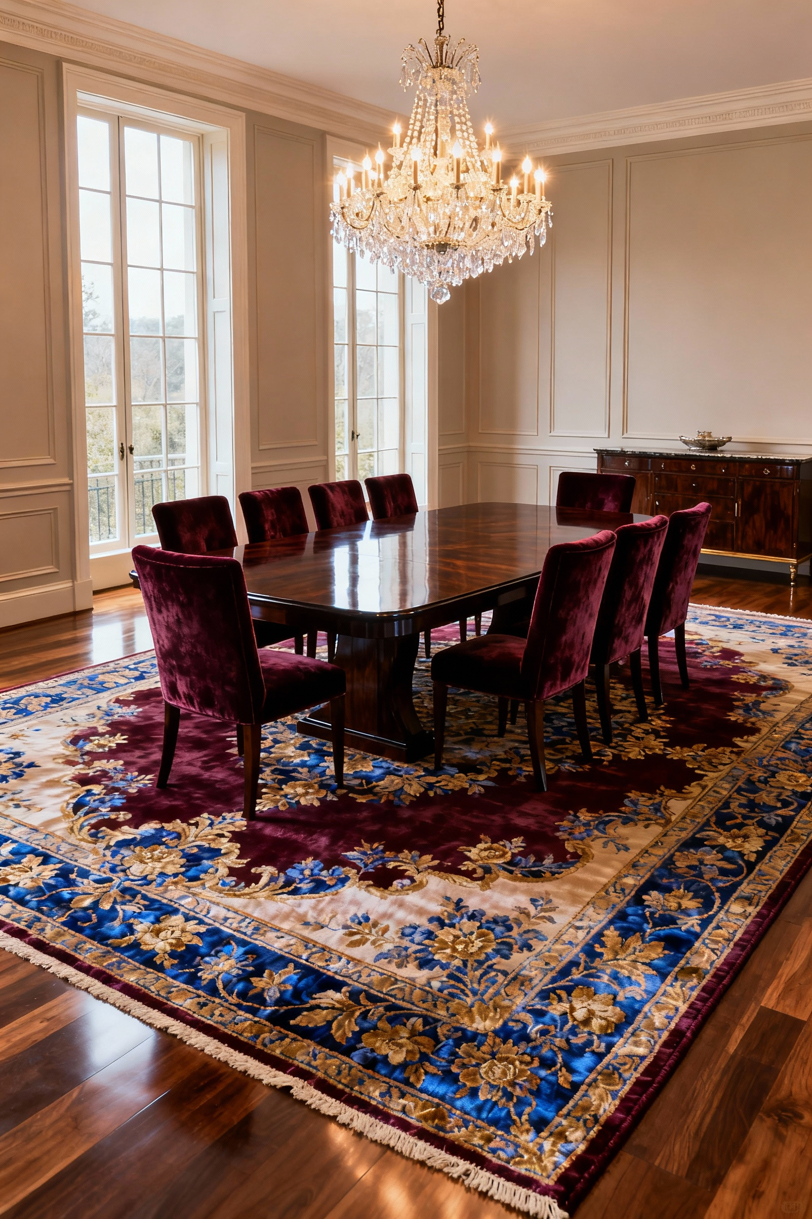 Luxury dining room featuring a grand hand-knotted Persian rug made of silk and wool, with intricate floral patterns in deep jewel tones, beneath a polished dark wood dining table and velvet upholstered chairs. The rug extends significantly beyond the table, providing visual depth and acoustic softness.