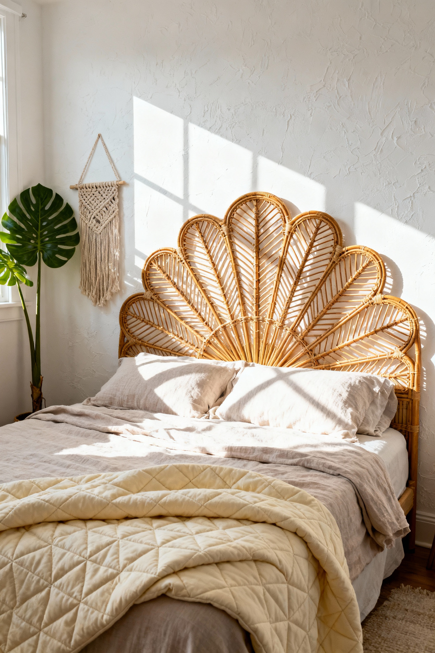 A queen-sized bed in a light-filled bohemian bedroom featuring a dramatic, honey-toned Rattan Peacock Headboard. The bed is layered with soft washed linen sheets and a heavy diamond-stitched cotton quilt, creating tactile contrast against the rigid cane structure under bright, natural light.