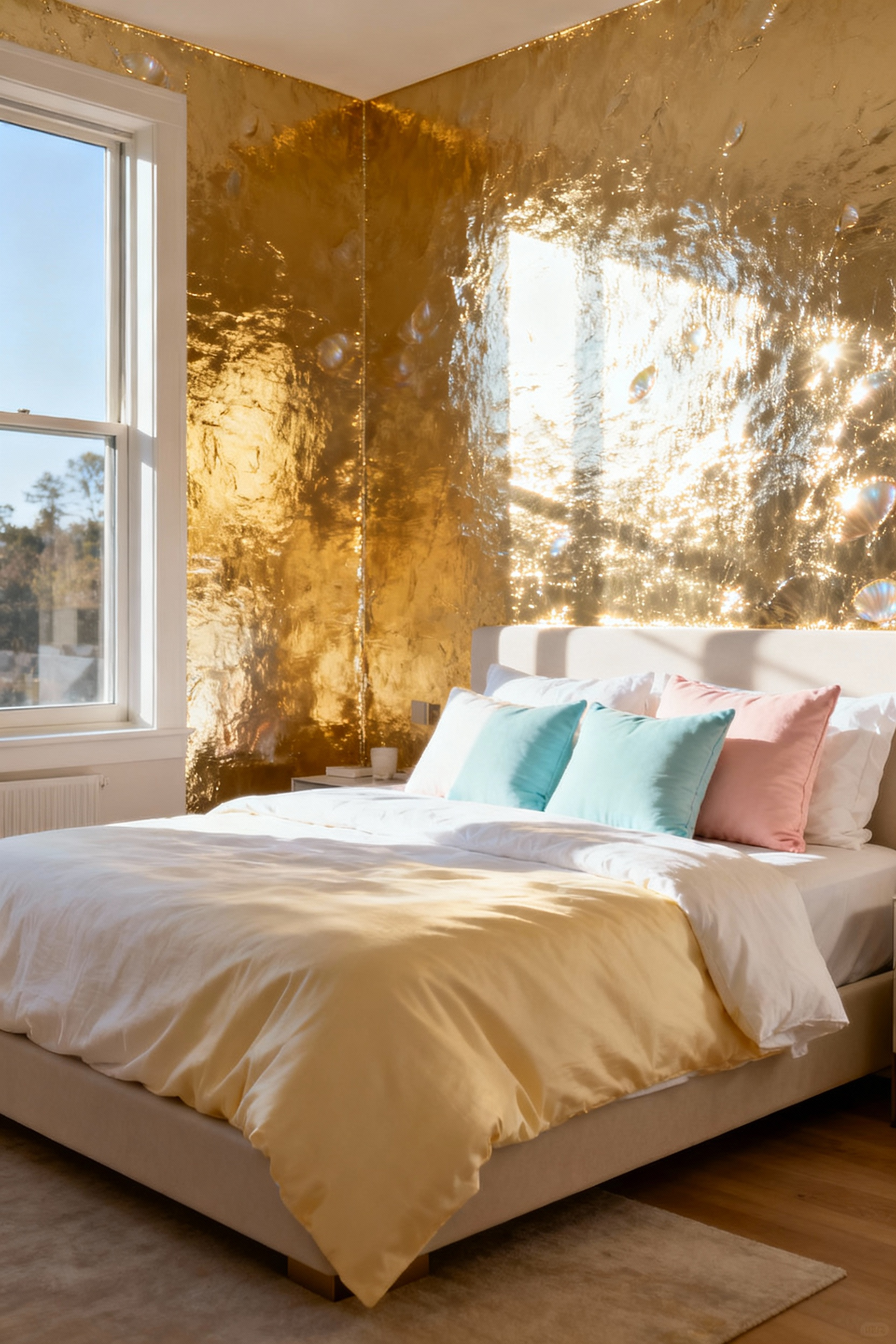 Brightly lit bedroom interior featuring a reflective champagne gold pearlescent wallpaper catching morning light, paired with cream and pale blue bedding for an optimistic aesthetic.
