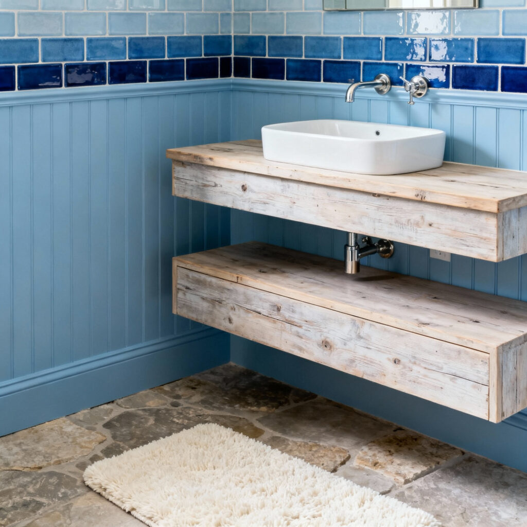 A serene blue bathroom with cerulean and indigo glazed tiles, reclaimed oak vanity, polished nickel fixtures, and creamy bathmat, showcasing harmonious blue hues.