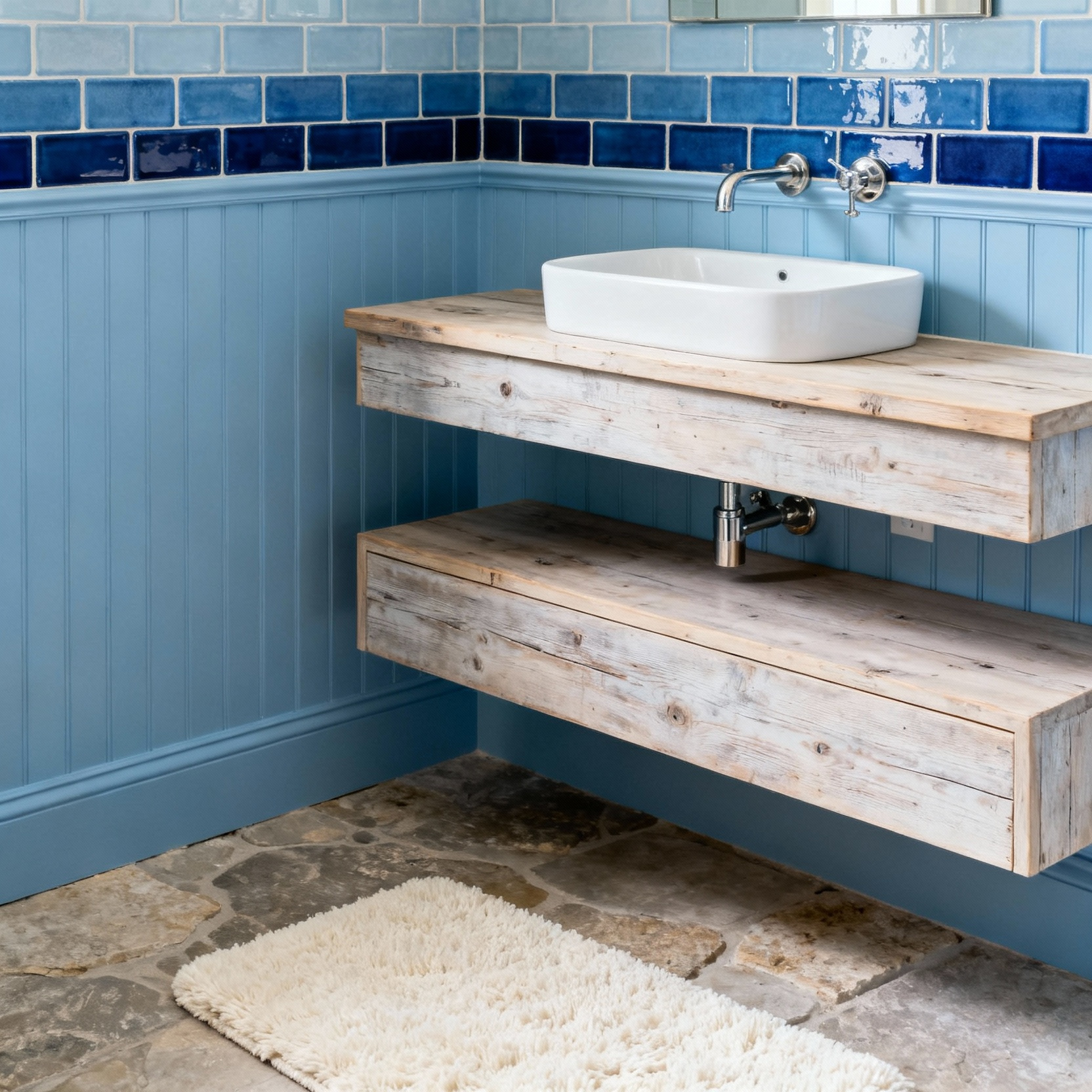 A serene blue bathroom with cerulean and indigo glazed tiles, reclaimed oak vanity, polished nickel fixtures, and creamy bathmat, showcasing harmonious blue hues.