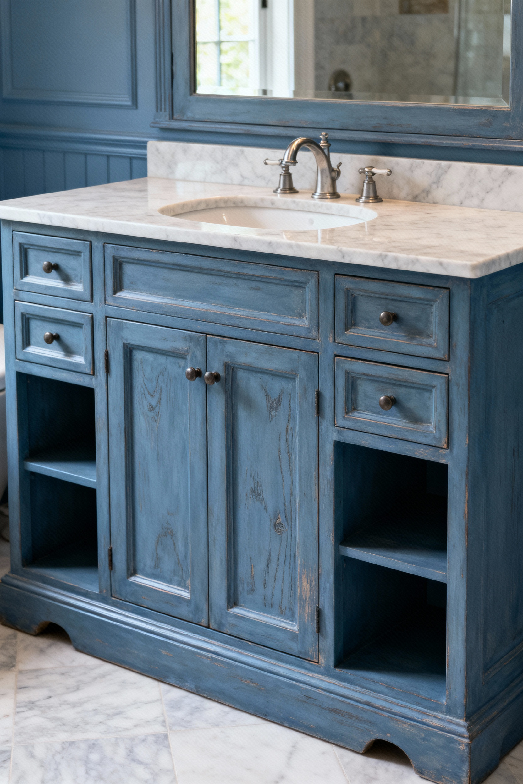 Custom blue bathroom bespoke vanity with marble top, distressed antique-style finish, and integrated storage, bathed in soft natural light.