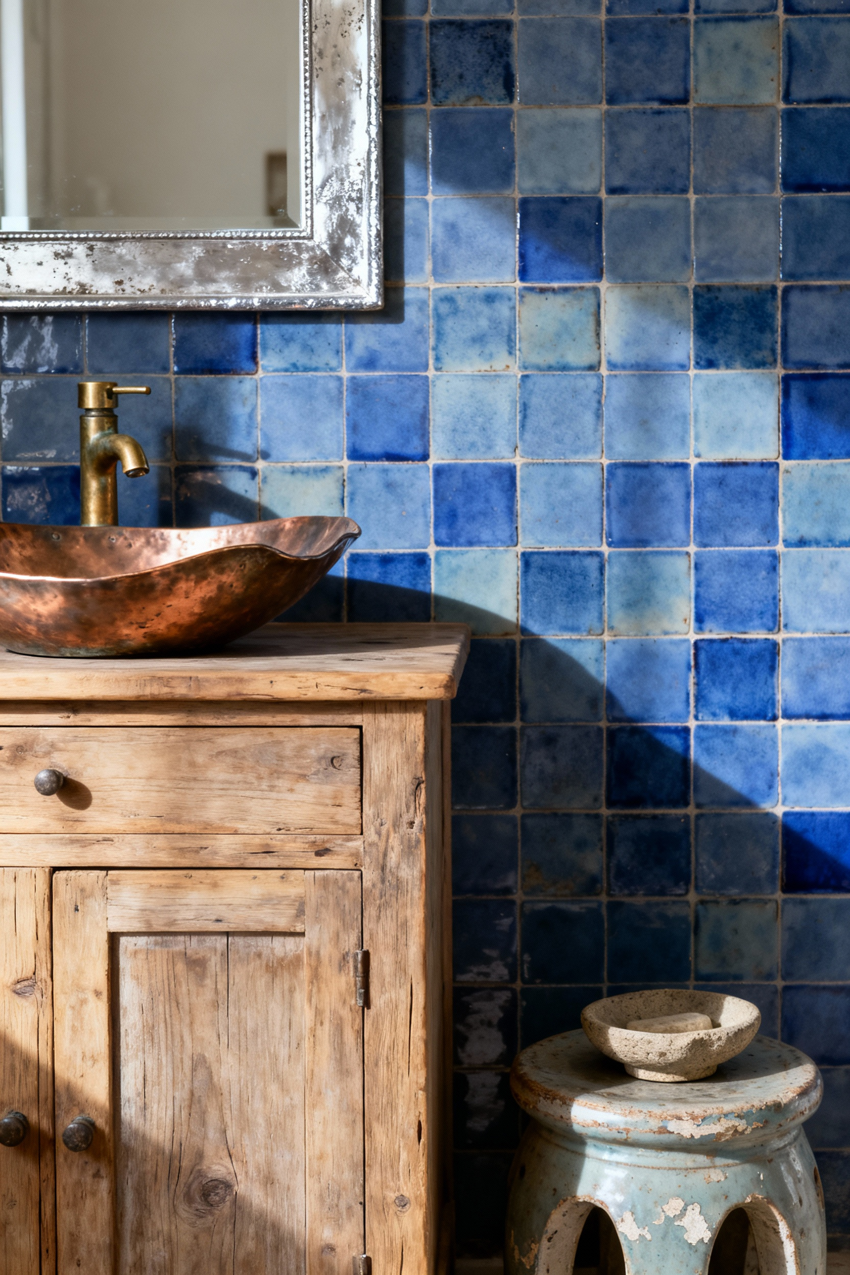 A Wabi-Sabi inspired blue bathroom vanity featuring a reclaimed wood vanity, unlacquered brass faucet, hand-beaten copper basin, hand-glazed blue zellige tiles, and a tarnished silver-leaf mirror, evoking serene imperfection.