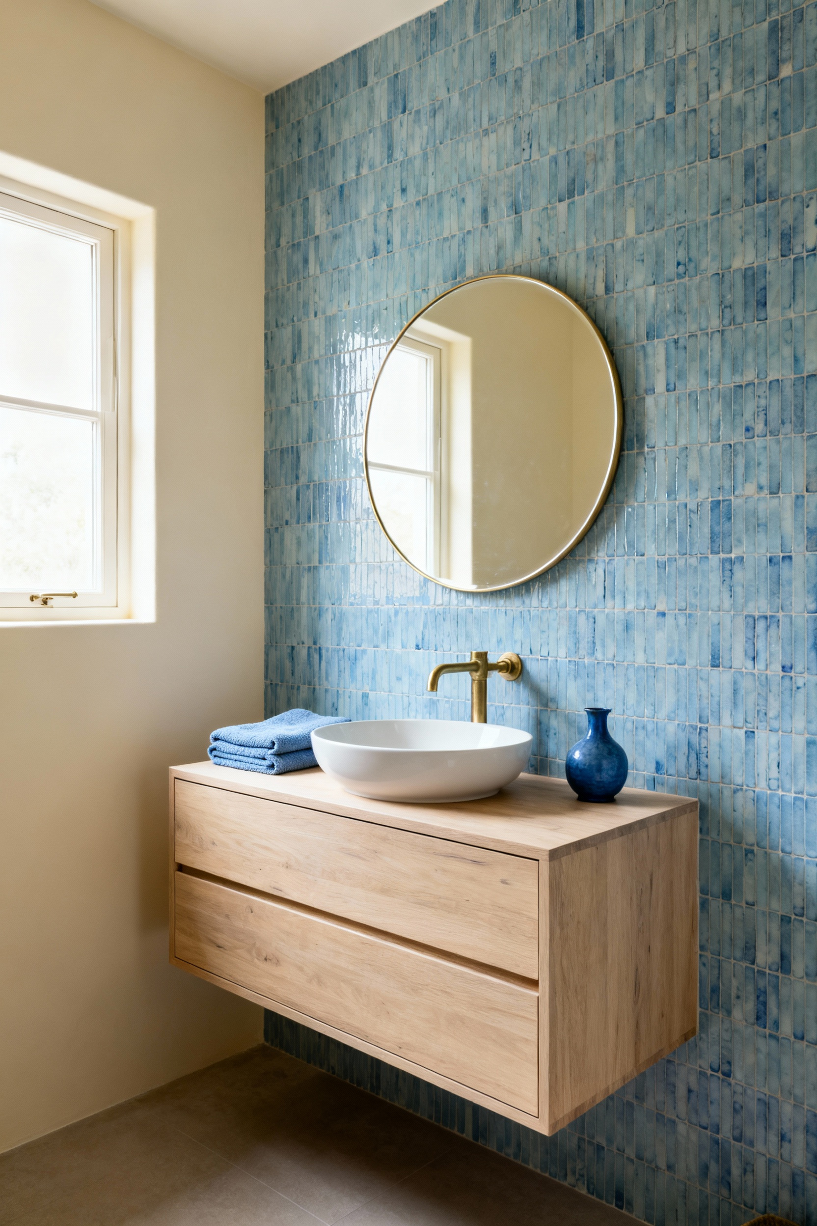 A serene blue bathroom demonstrating chromatic restraint with subtle cerulean zellige tiles on a feature wall, complemented by cream walls, a natural wood vanity, and brushed brass fixtures, reflecting soft natural light.