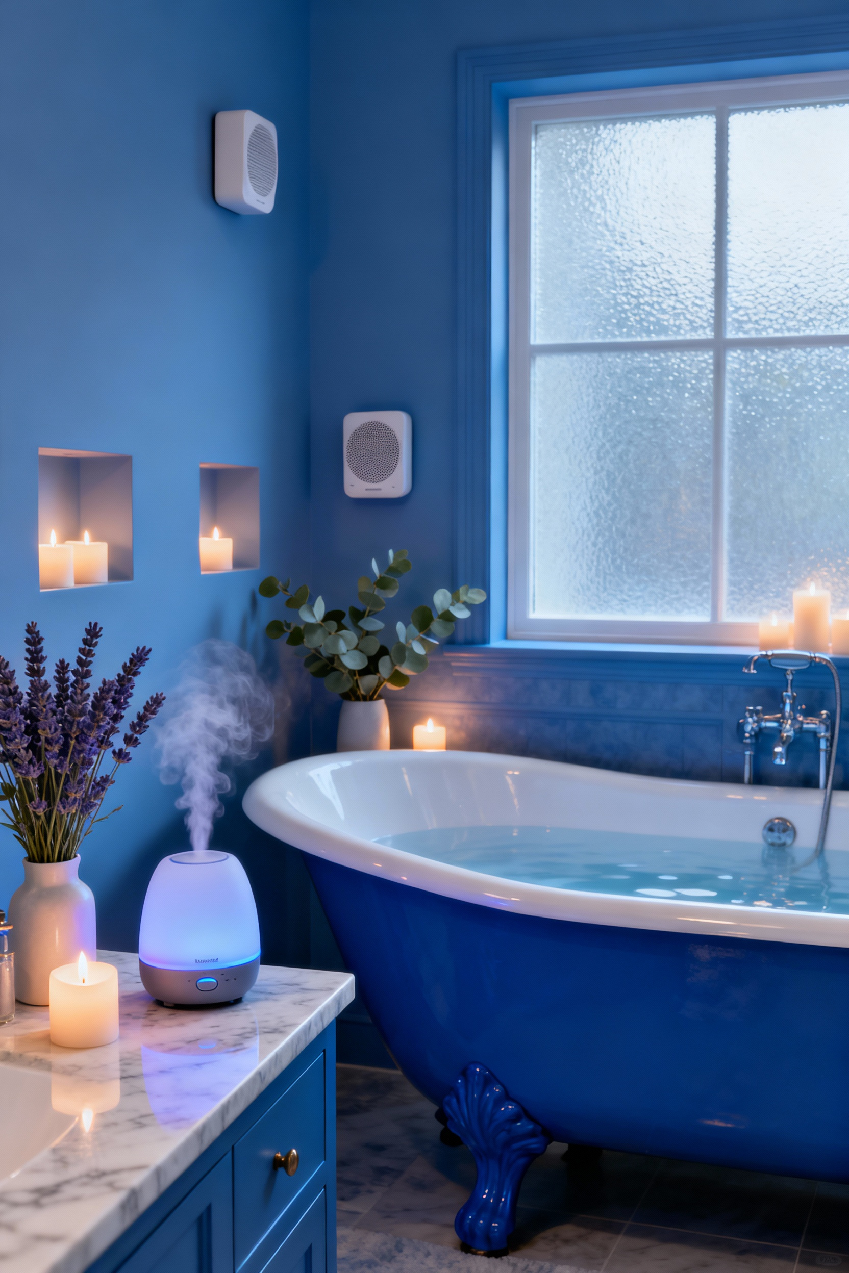 A tranquil blue bathroom interior featuring an elegant clawfoot tub, surrounded by an essential oil diffuser, calming botanicals, and soft LED candles, creating a multi-sensory retreat atmosphere.