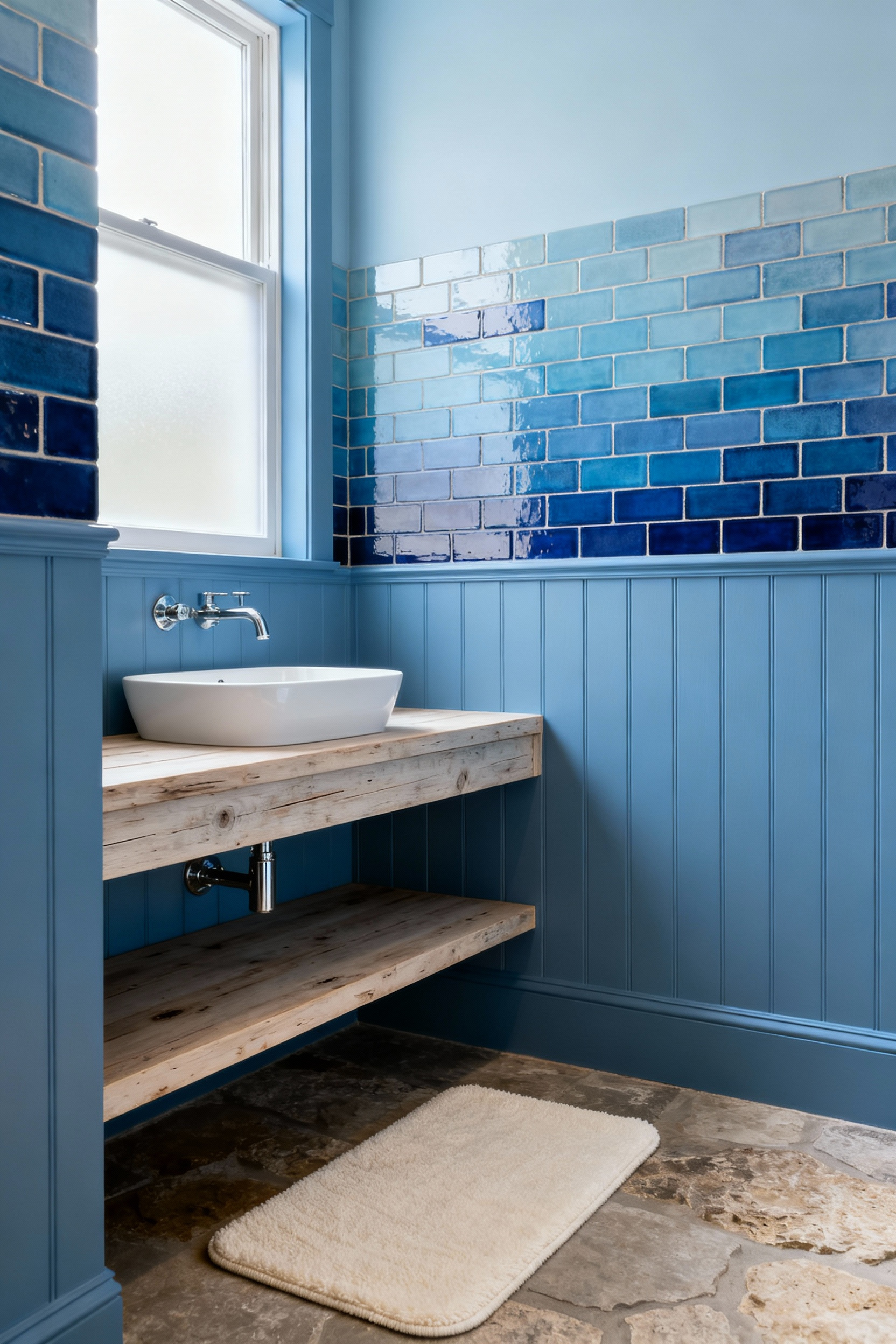 A serene blue bathroom with cerulean and indigo glazed tiles, reclaimed oak vanity, polished nickel fixtures, and creamy bathmat, showcasing harmonious blue hues.