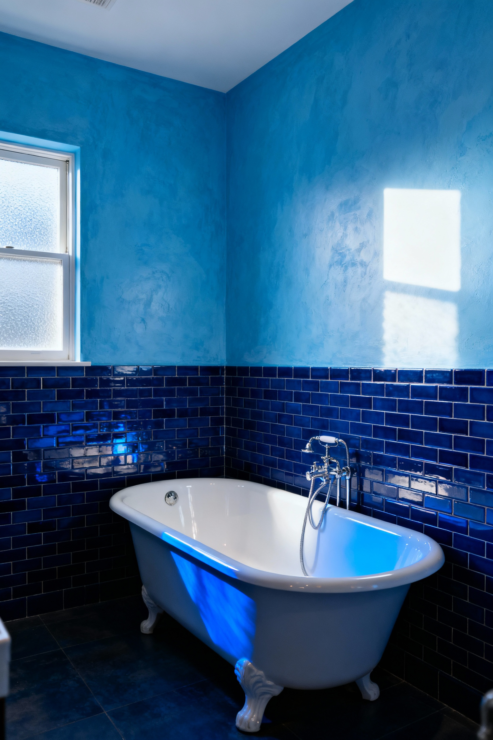 Blue bathroom showcasing chromatic layering, deep indigo to sky blue walls, white clawfoot tub, natural light, serene interior design
